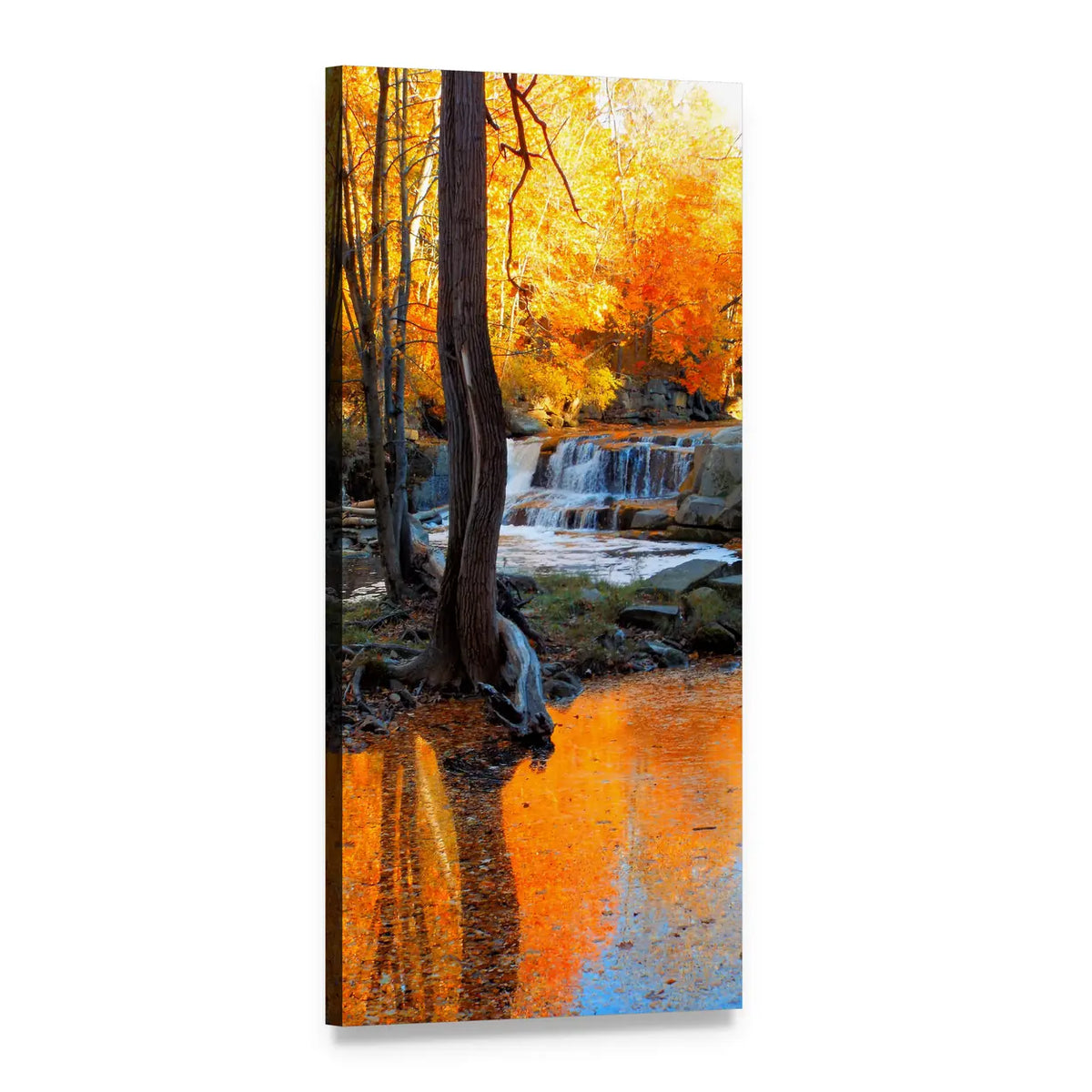 Waterfall Among Autumn Trees Vertical Canvas Wall Art, 1 panel 1 Vertical layout gallery wrapped canvas set, angled product view