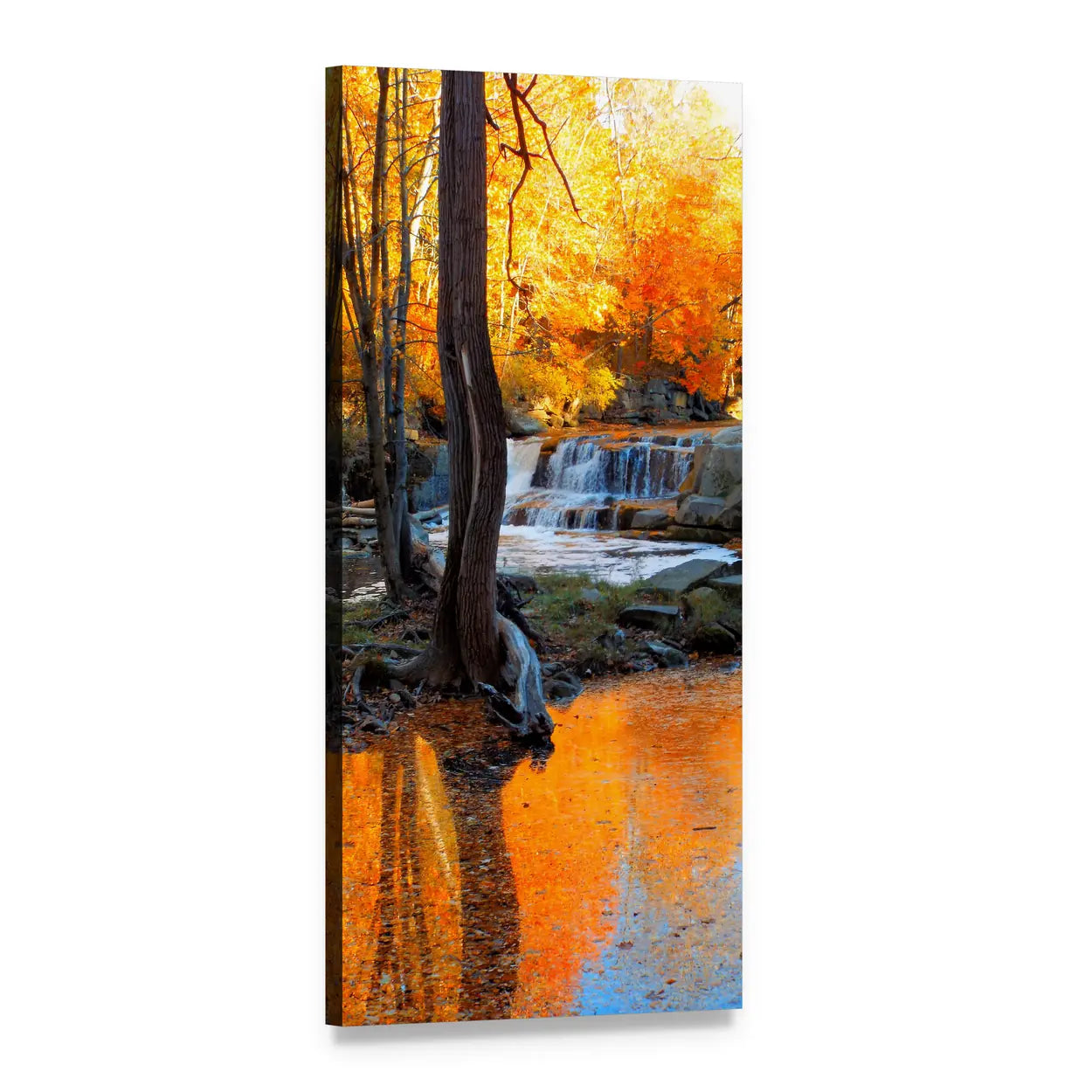Waterfall Among Autumn Trees Vertical Canvas Wall Art, 1 panel 1 Vertical layout gallery wrapped canvas set, angled product view