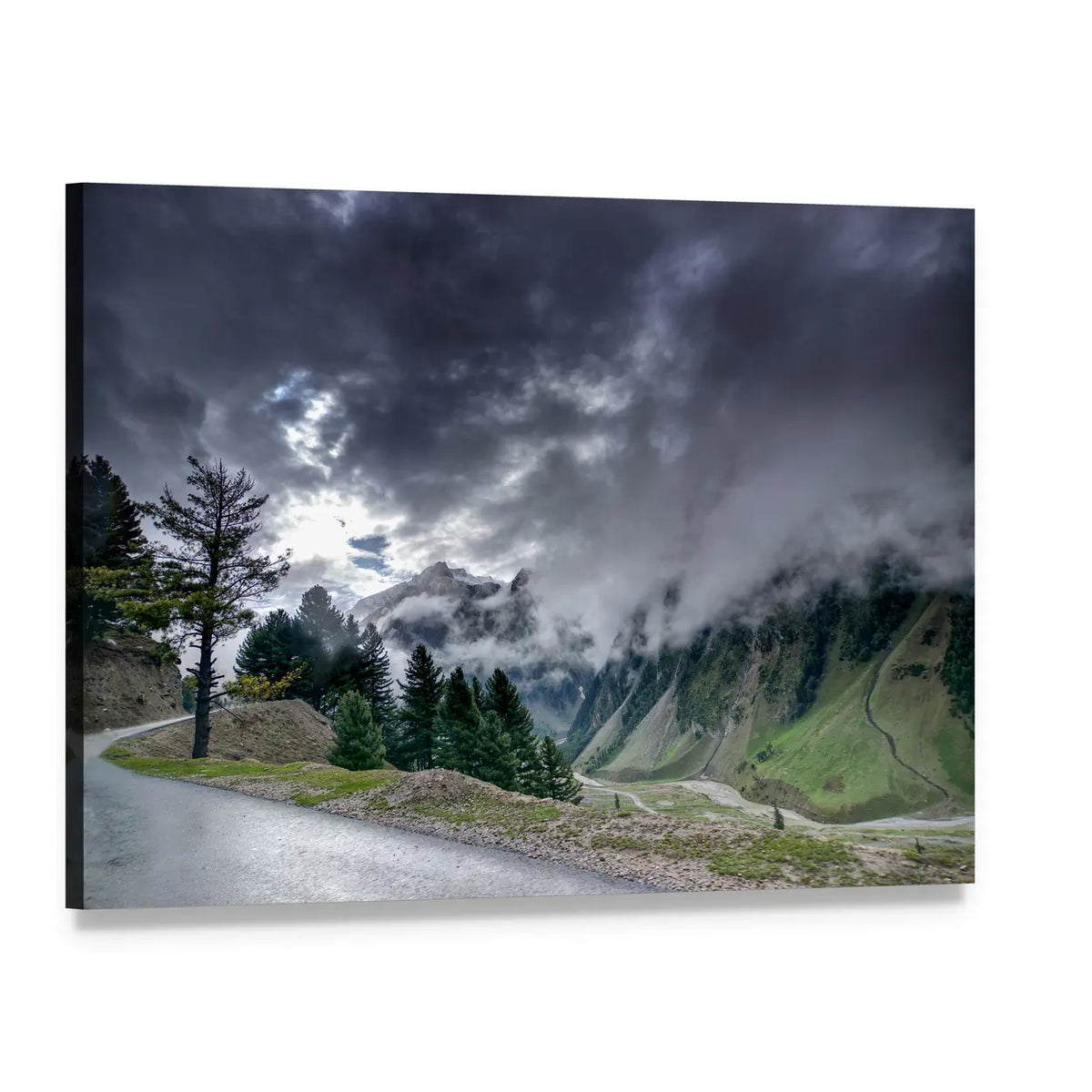 Winding Mountain Road Beneath Storm Clouds Canvas Wall Art, single panel gallery wrapped canvas, angled product view
