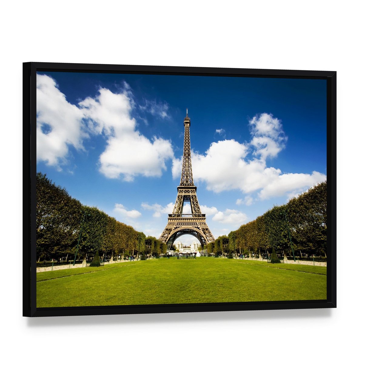 Eiffel Tower Paris Canvas Wall Art, framed canvas in a black floater frame, angled product view