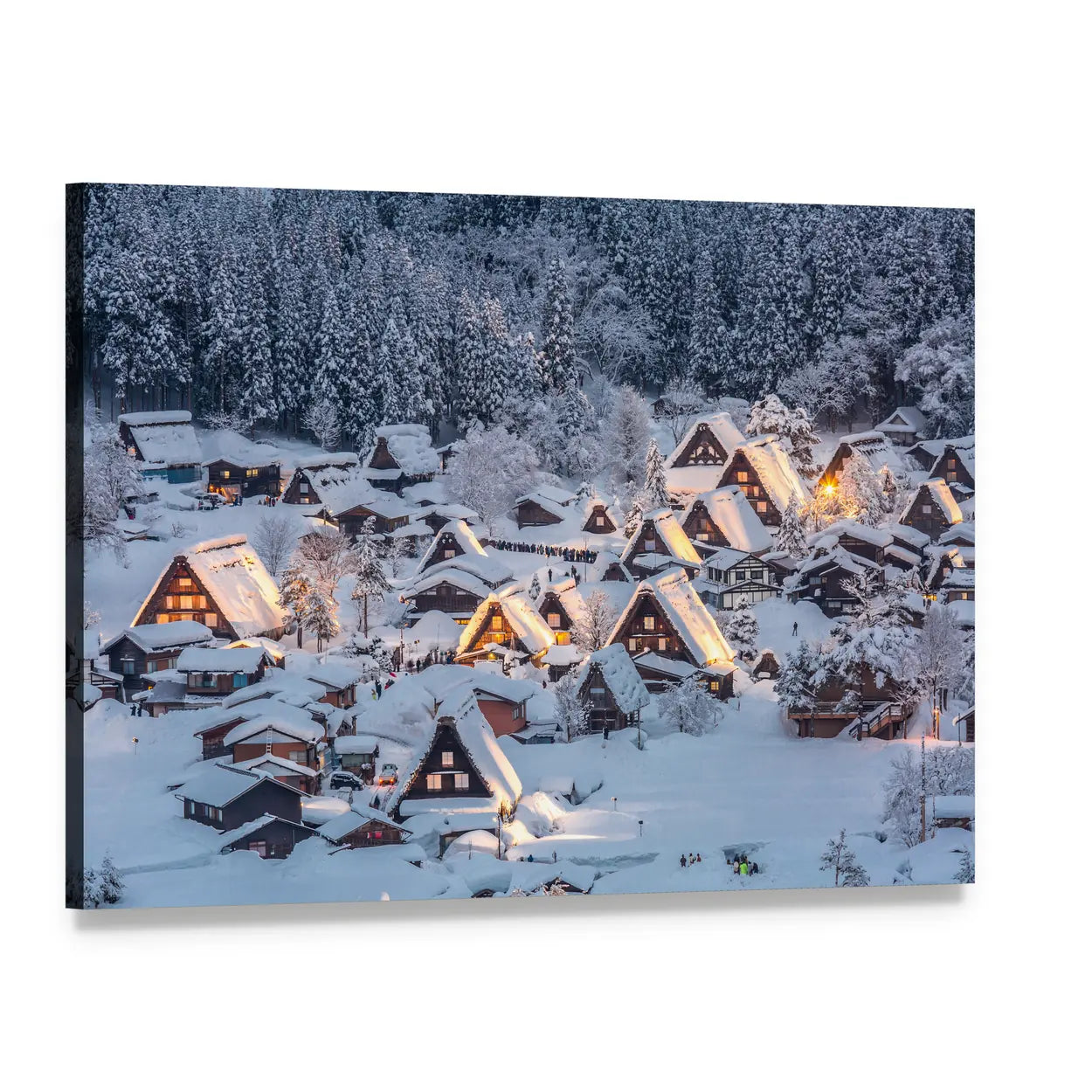 Shirakawago Snowy Village at Twilight Canvas Wall Art, single panel gallery wrapped canvas, angled product view