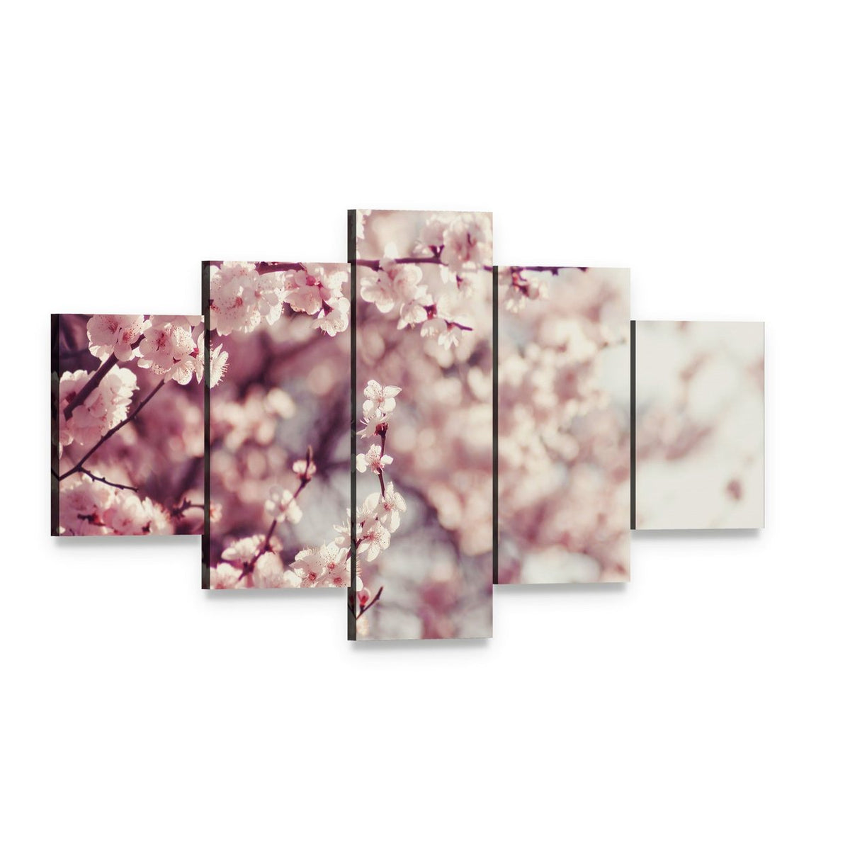 Pink Cherry Blossoms Flowers Canvas Wall Art, 5 panel 5 Star layout gallery wrapped canvas set, angled product view