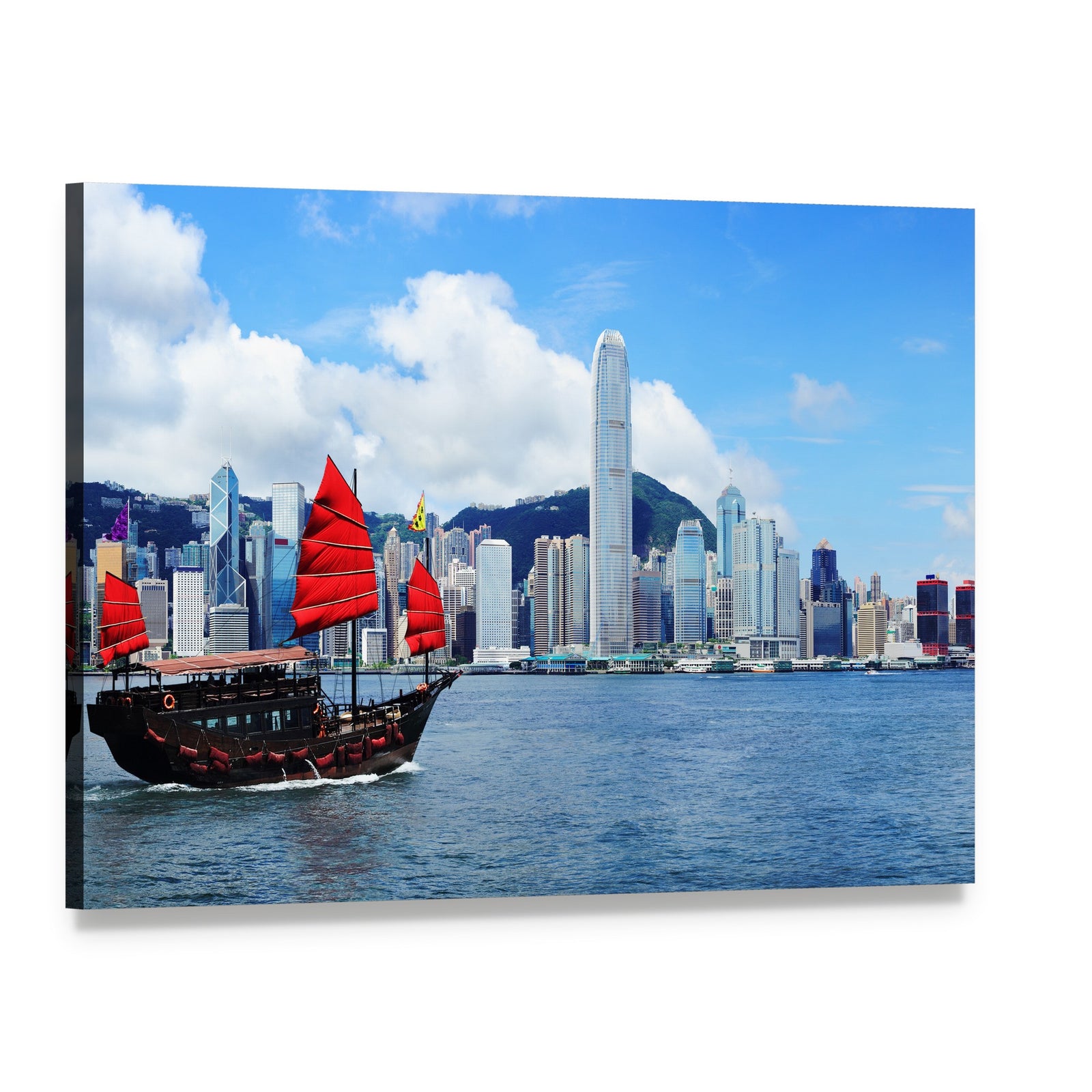 Sailing Junk Boat in Hong Kong Harbour Canvas Wall Art, single panel gallery wrapped canvas, angled product view