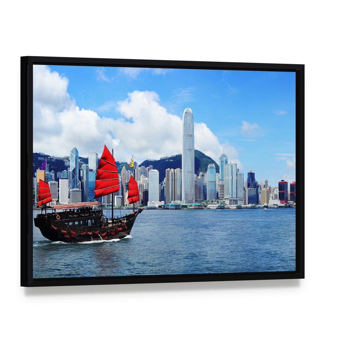 Sailing Junk Boat in Hong Kong Harbour Canvas Wall Art, framed canvas in a black floater frame, angled product view