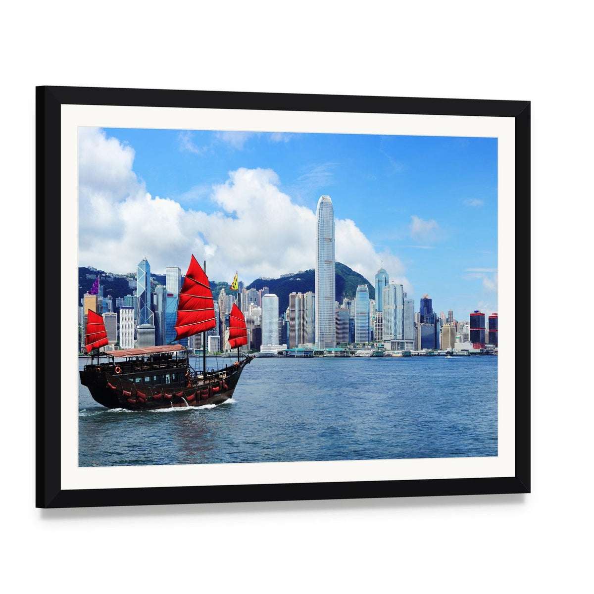 Sailing Junk Boat in Hong Kong Harbour Canvas Wall Art, framed print with white mat and black frame, angled product view