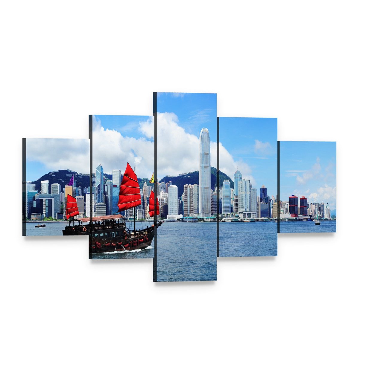 Sailing Junk Boat in Hong Kong Harbour Canvas Wall Art, 5 panel 5 Star layout gallery wrapped canvas set, angled product view