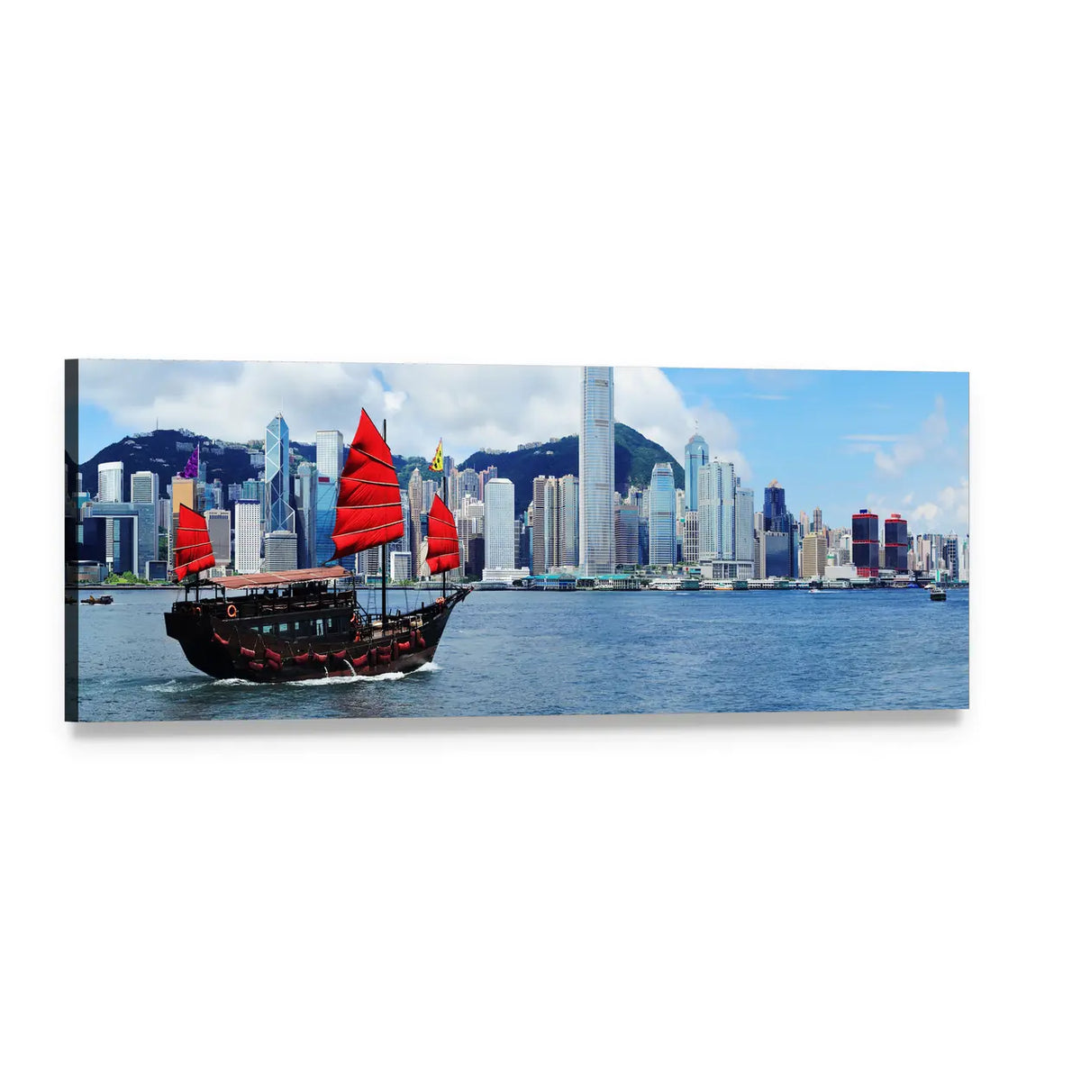 Hong Kong Junk Boat with Red Sails Panoramic Canvas Wall Art, single panel gallery wrapped canvas, angled product view