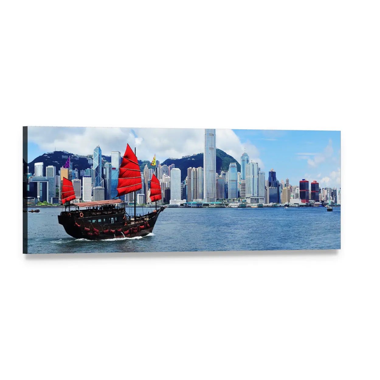 Hong Kong Junk Boat with Red Sails Panoramic Canvas Wall Art, single panel gallery wrapped canvas, angled product view