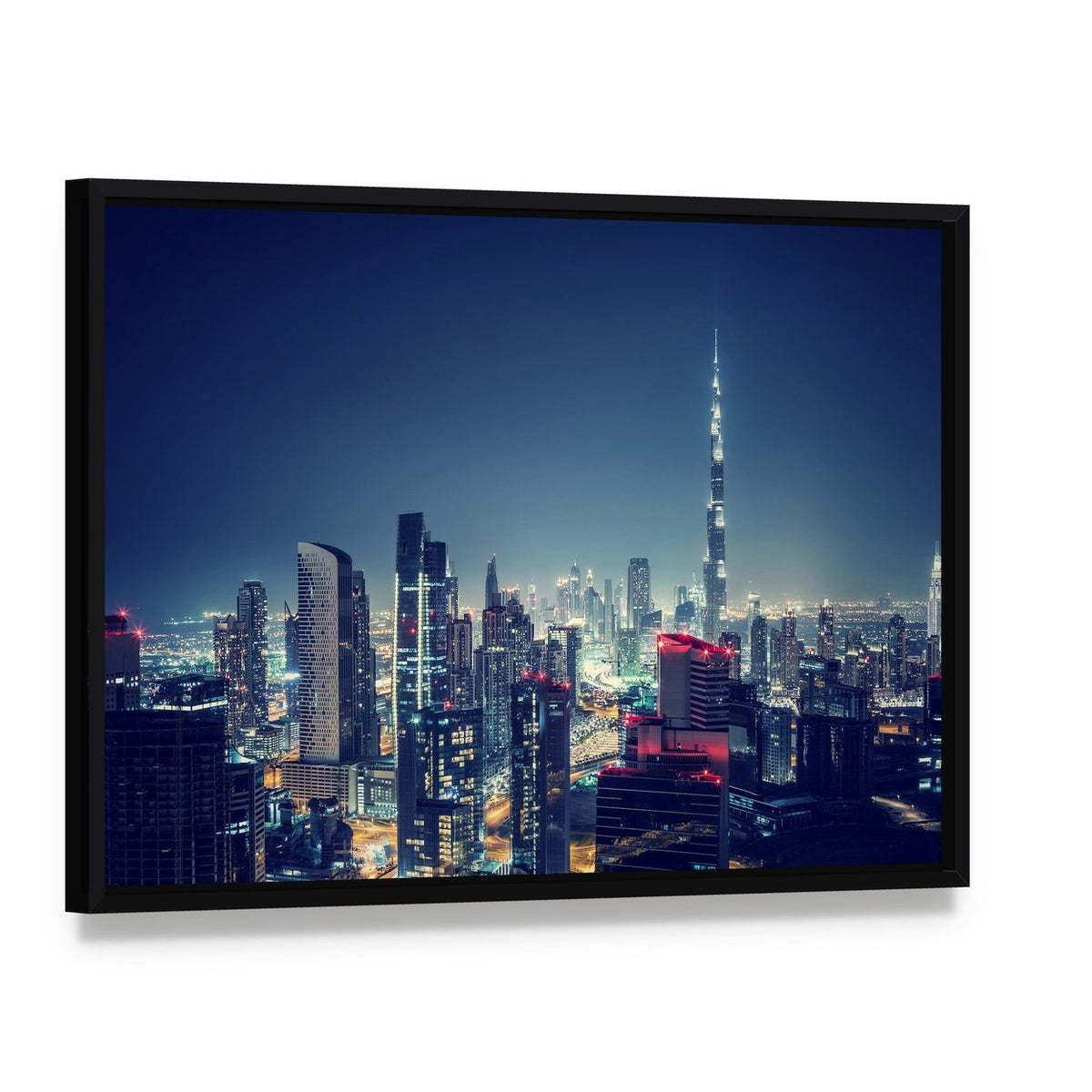 Dubai Cityscape Canvas Wall Art, framed canvas in a black floater frame, angled product view