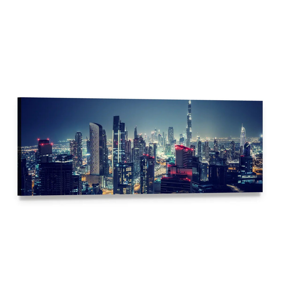 Dubai Night Skyline with Burj Khalifa Panoramic Canvas Wall Art, single panel gallery wrapped canvas, angled product view