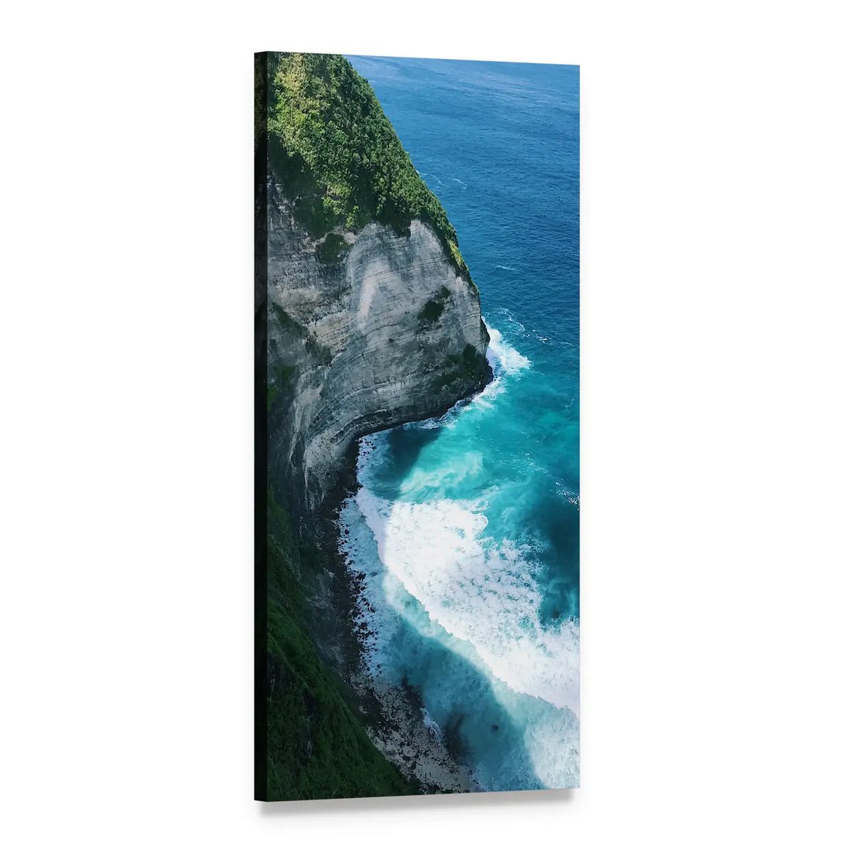 Aerial Coastal Cliff Over Turquoise Sea Vertical Canvas Wall Art, 1 panel 1 Vertical layout gallery wrapped canvas set, angled product view