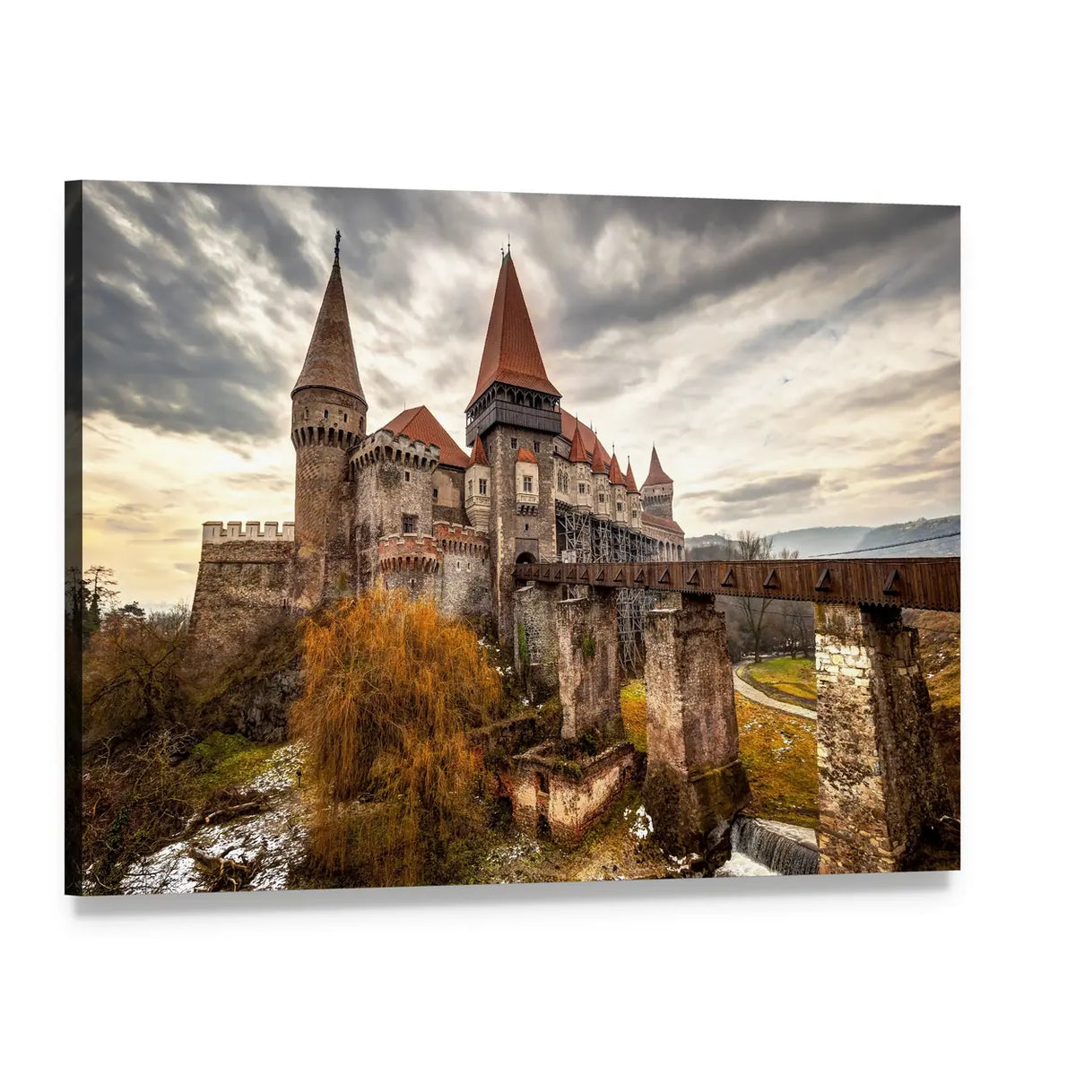 Corvinesti Castle, Romania Canvas Wall Art, single panel gallery wrapped canvas, angled product view