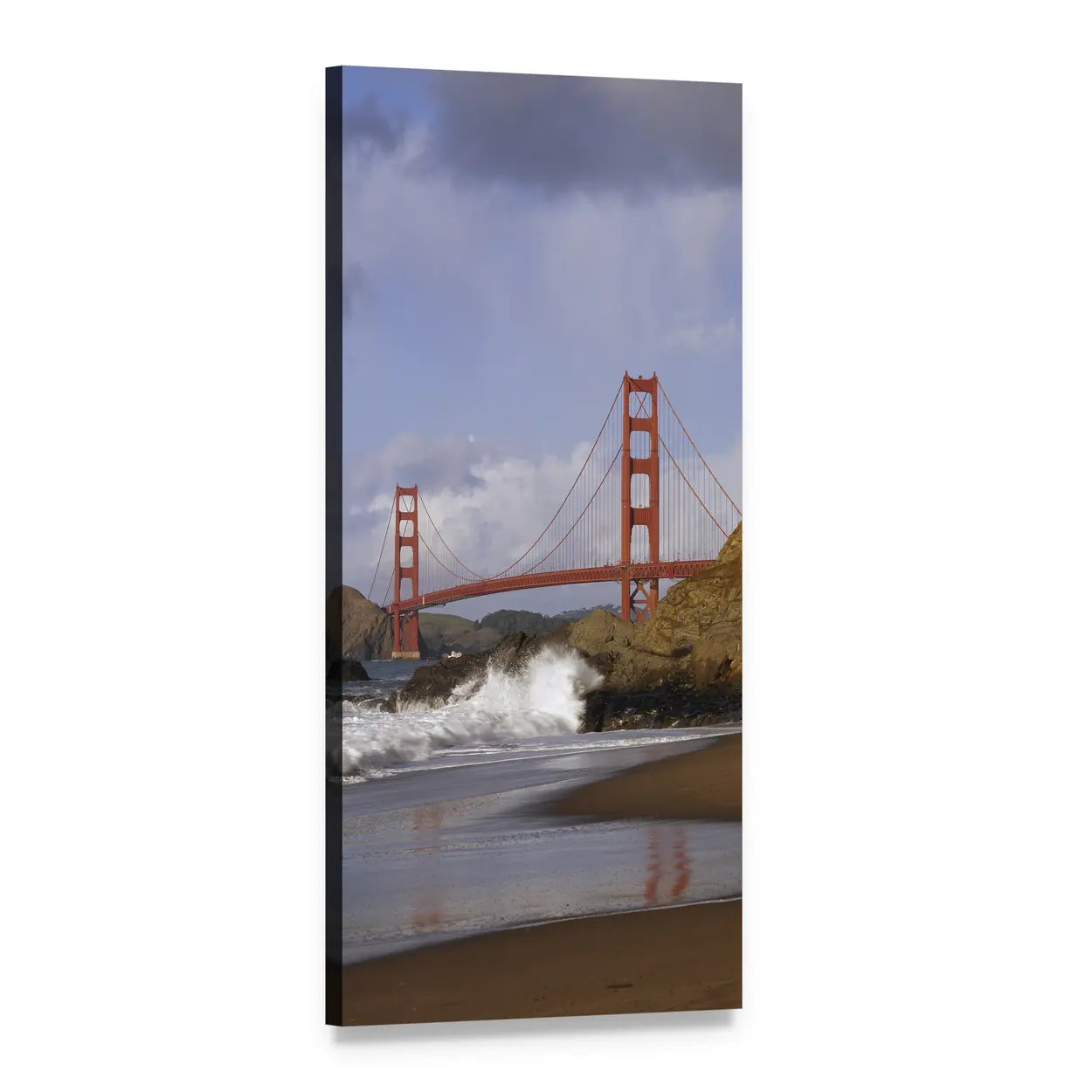 Golden Gate Bridge with Crashing Waves Vertical Canvas Wall Art, 1 panel 1 Vertical layout gallery wrapped canvas set, angled product view