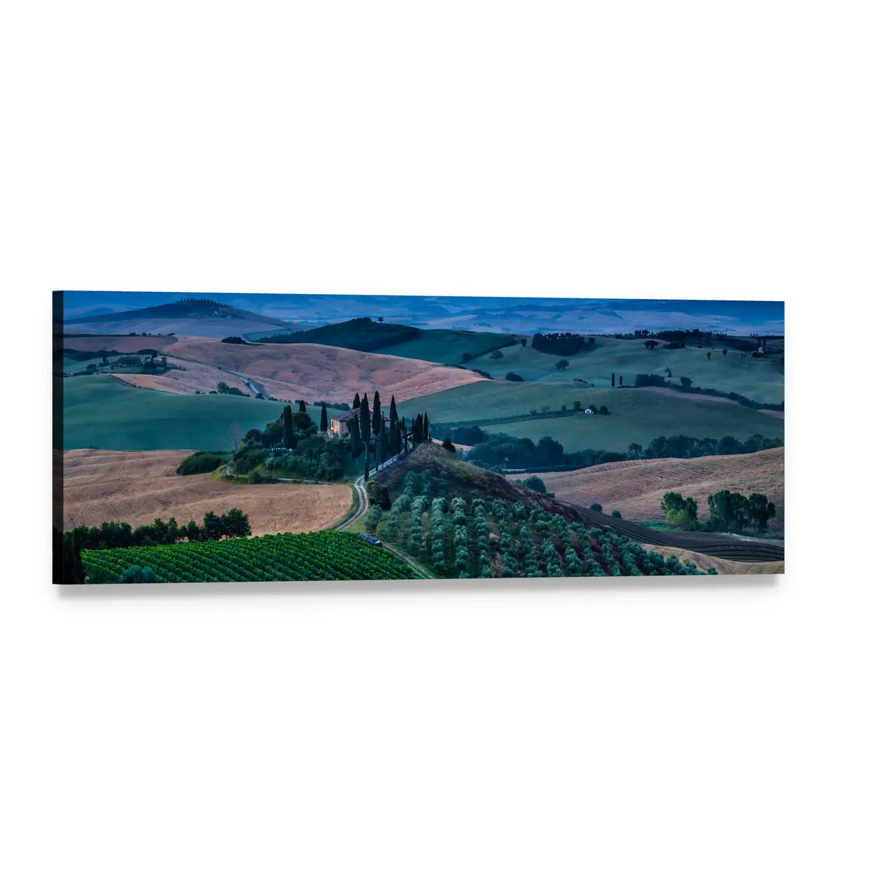 Tuscany Rolling Hills at Blue Hour Panoramic Canvas Wall Art, single panel gallery wrapped canvas, angled product view