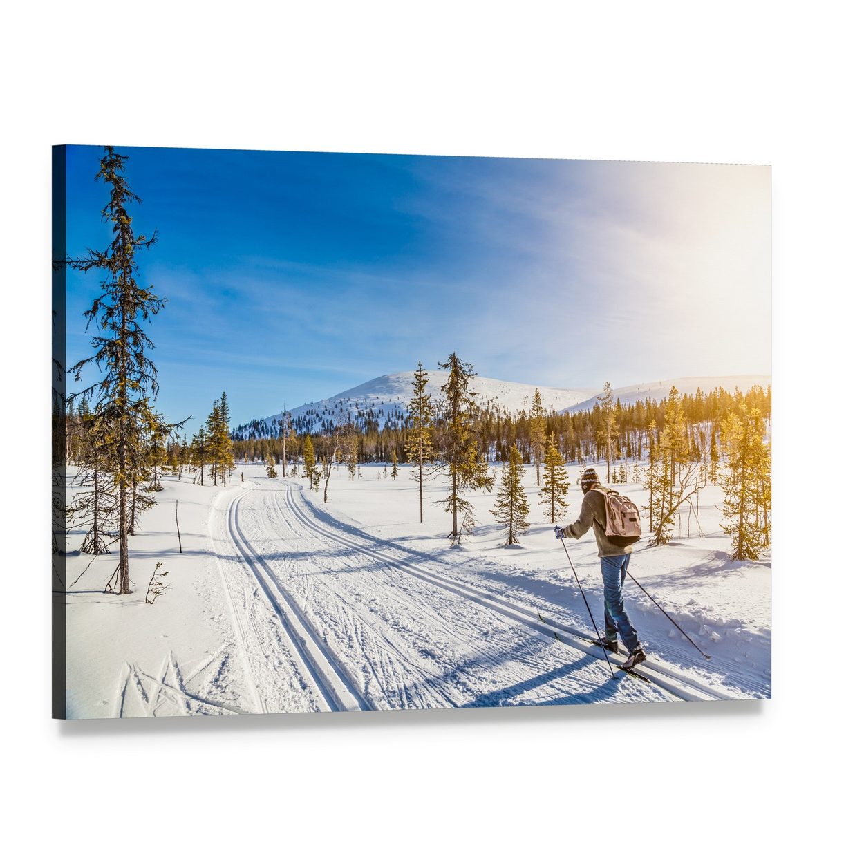 Male Skier in Serene Winter Landscape Canvas Wall Art, single panel gallery wrapped canvas, angled product view