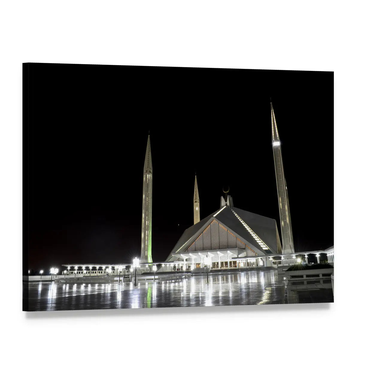 Shah Faisal Mosque Night Reflection Canvas Wall Art, single panel gallery wrapped canvas, angled product view