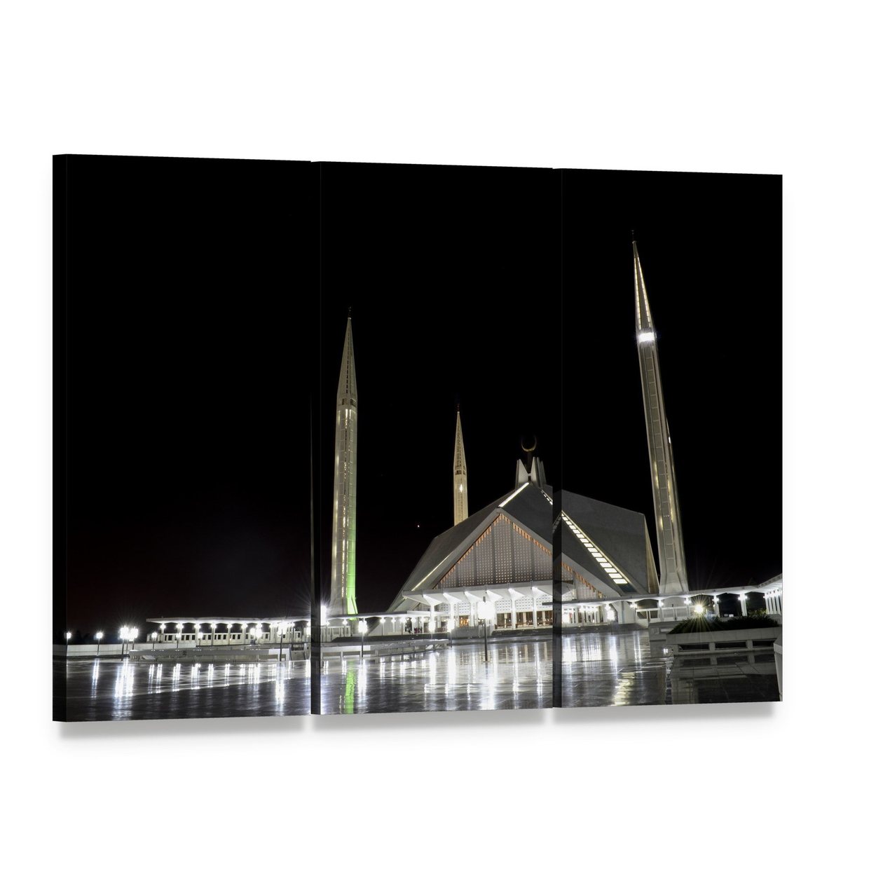 Illuminated Faisal Mosque at Night Canvas Wall Art, 3 panel 3 Horizontal layout gallery wrapped canvas set, angled product view