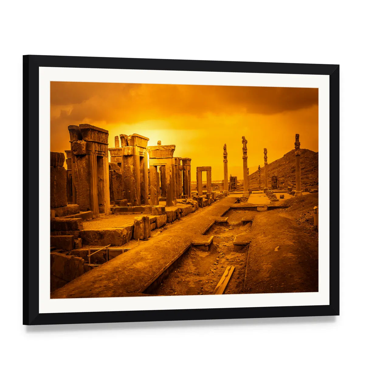 Persepolis Ruins at Sunset Canvas Wall Art, framed print with white mat and black frame, angled product view