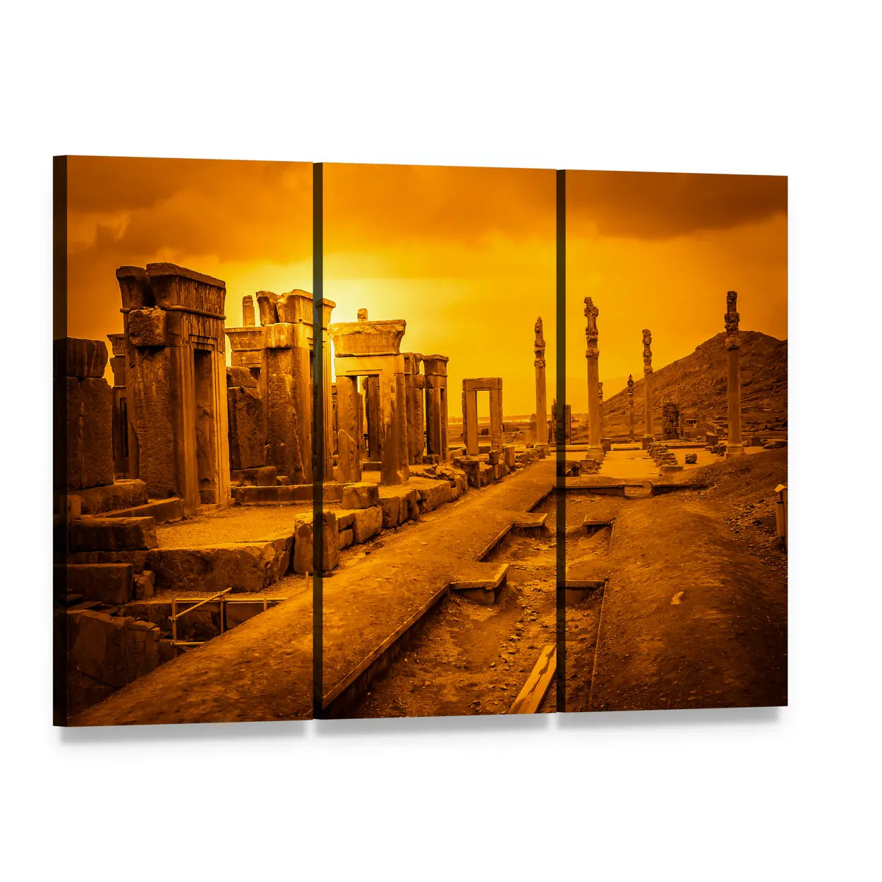 Persepolis Ruins at Sunset Canvas Wall Art, 3 panel 3 Horizontal layout gallery wrapped canvas set, angled product view