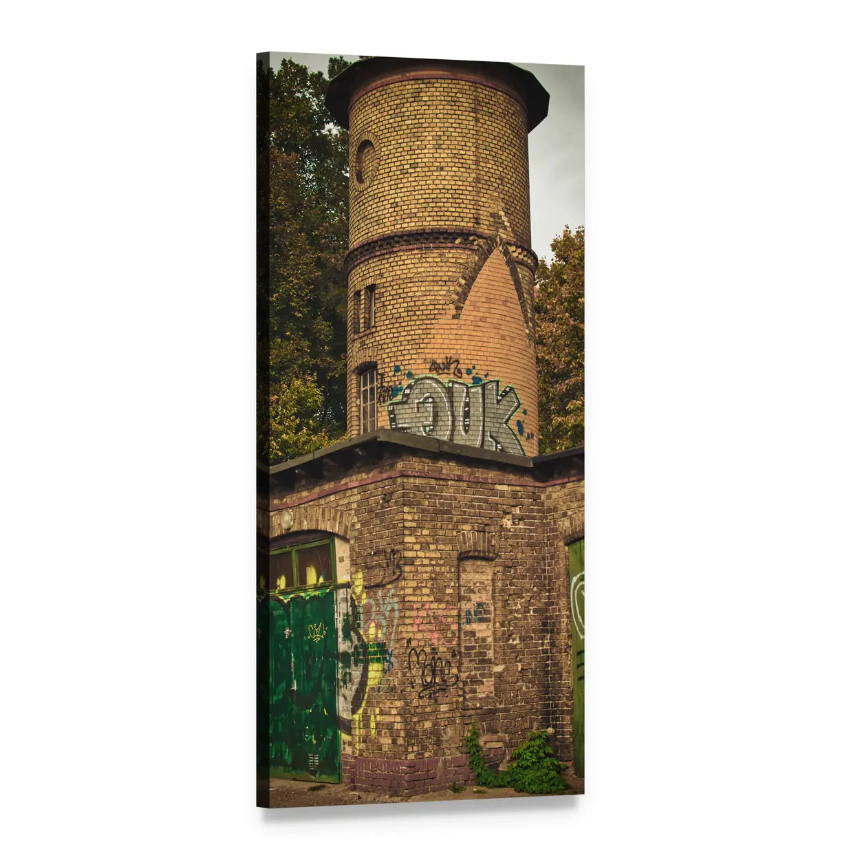 Weathered Water Tower with Graffiti Vertical Canvas Wall Art, 1 panel 1 Vertical layout gallery wrapped canvas set, angled product view