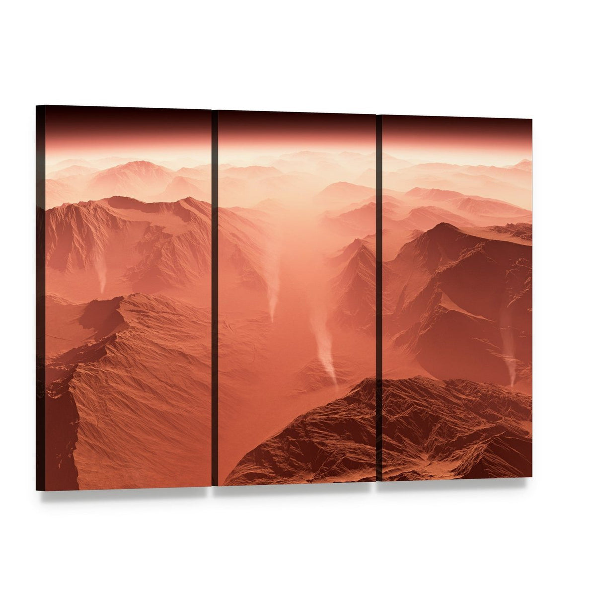 Dust Storm on Mars Canvas Wall Art, 3 panel 3 Horizontal layout gallery wrapped canvas set, angled product view