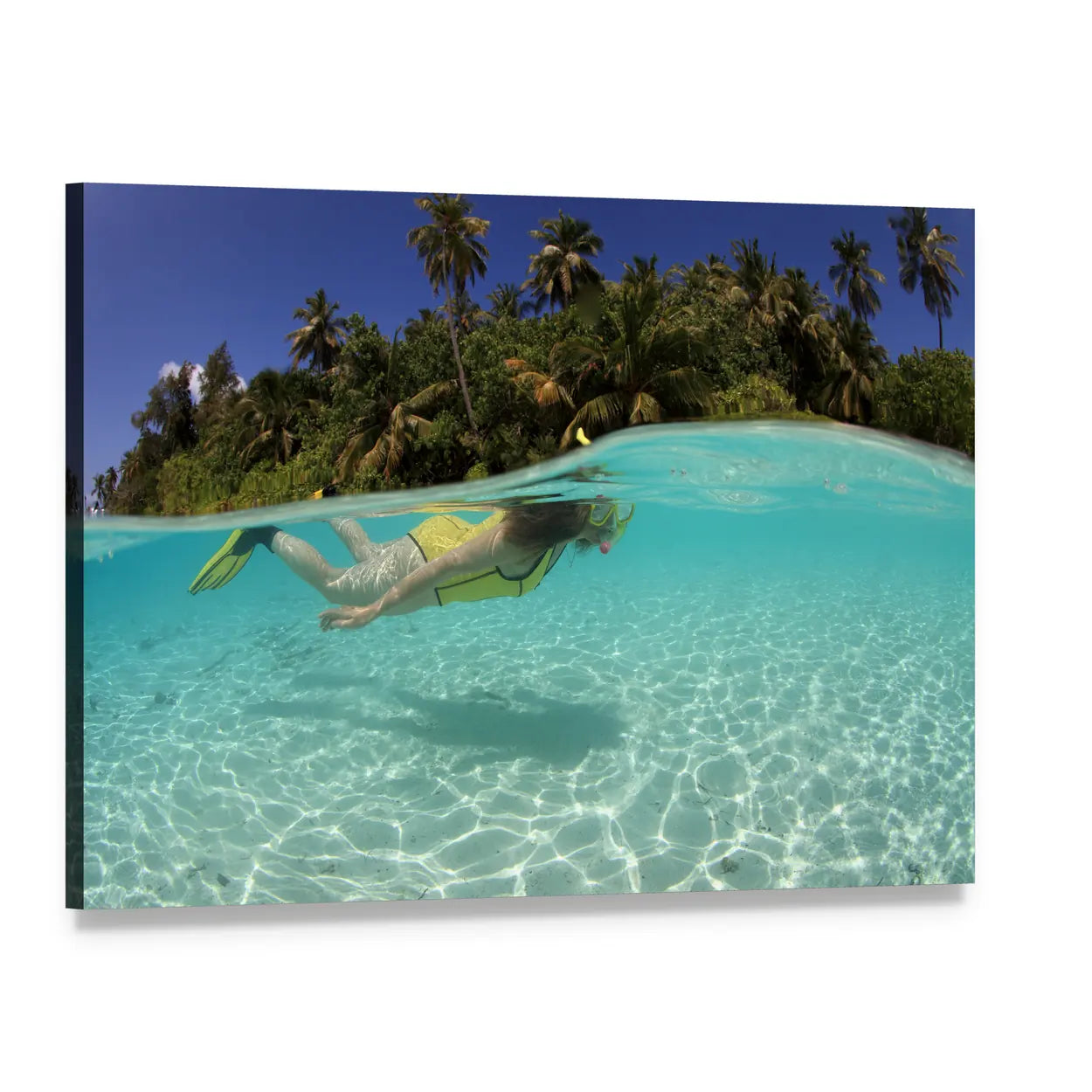Snorkeler in Blue Lagoon Canvas Wall Art, single panel gallery wrapped canvas, angled product view