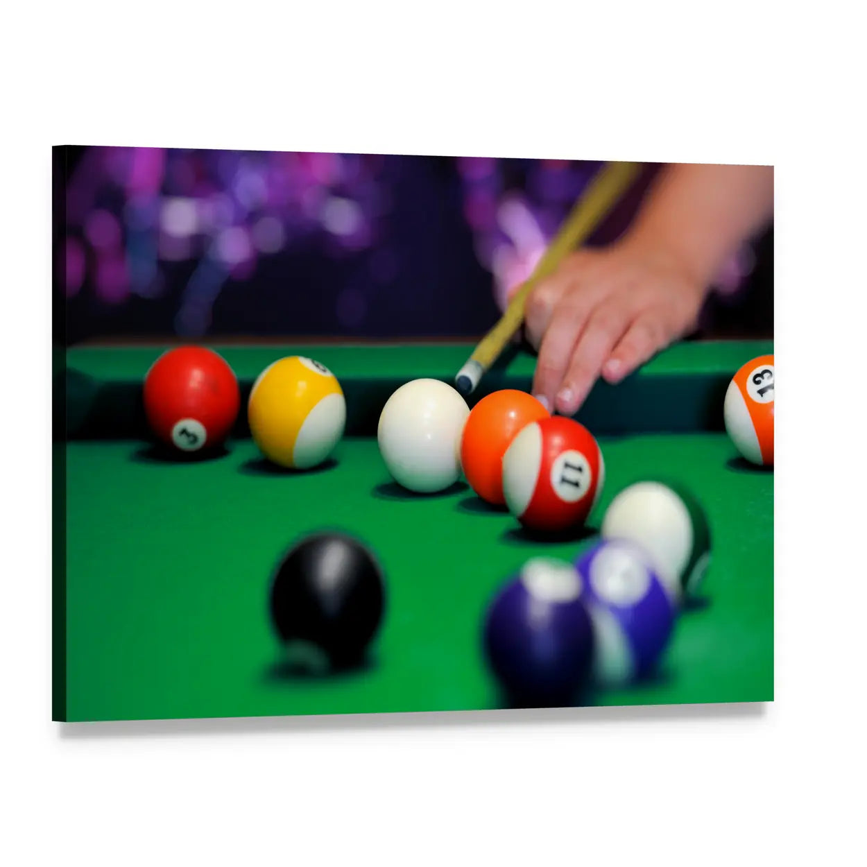 Number 11 and 3 on Green Pool Table Canvas Wall Art, single panel gallery wrapped canvas, angled product view