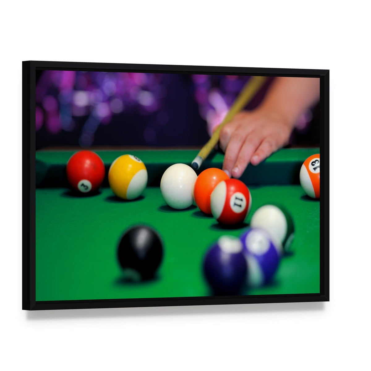Green Pool Table Canvas Wall Art, framed canvas in a black floater frame, angled product view