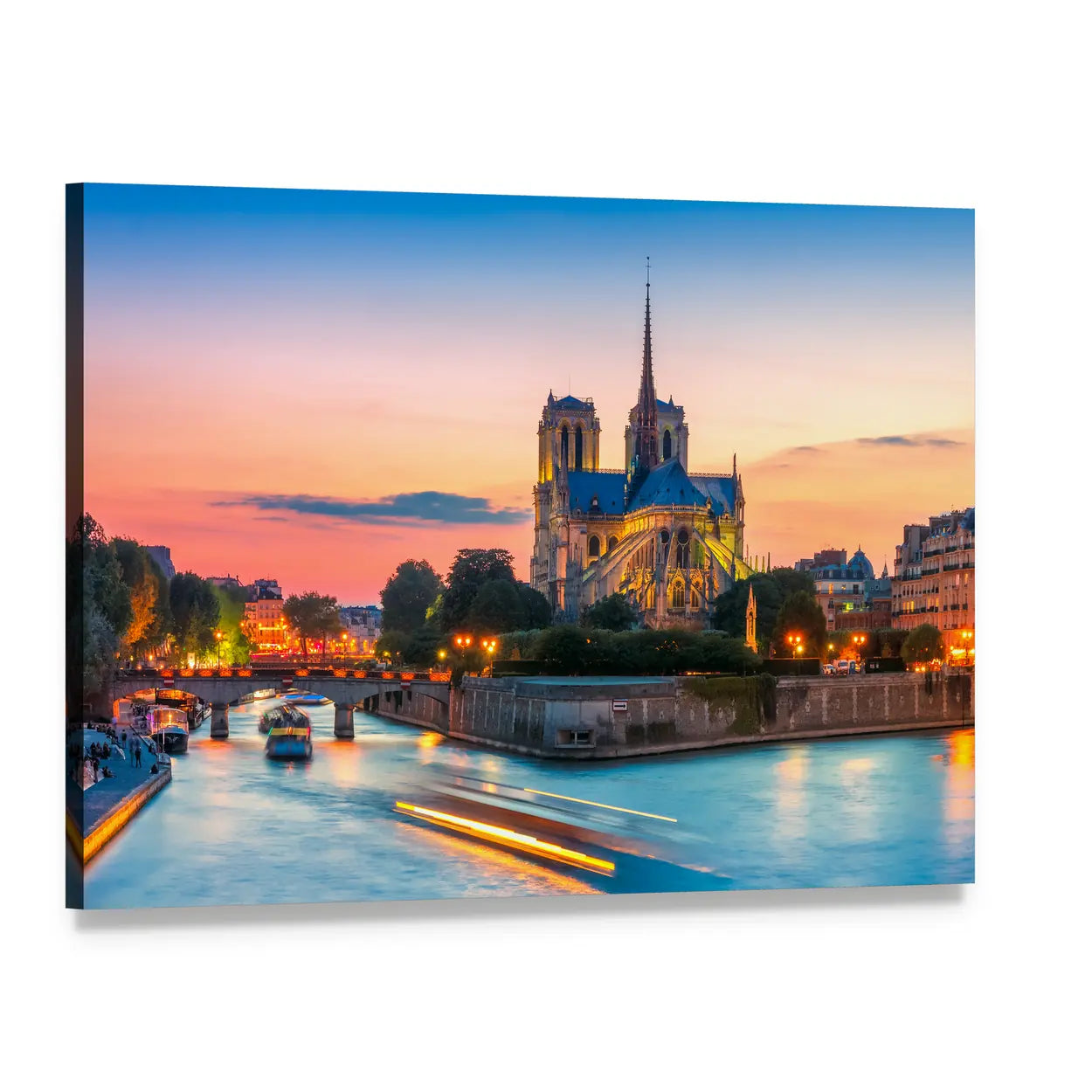 Notre-dame Cathedral at Dusk Canvas Wall Art, single panel gallery wrapped canvas, angled product view