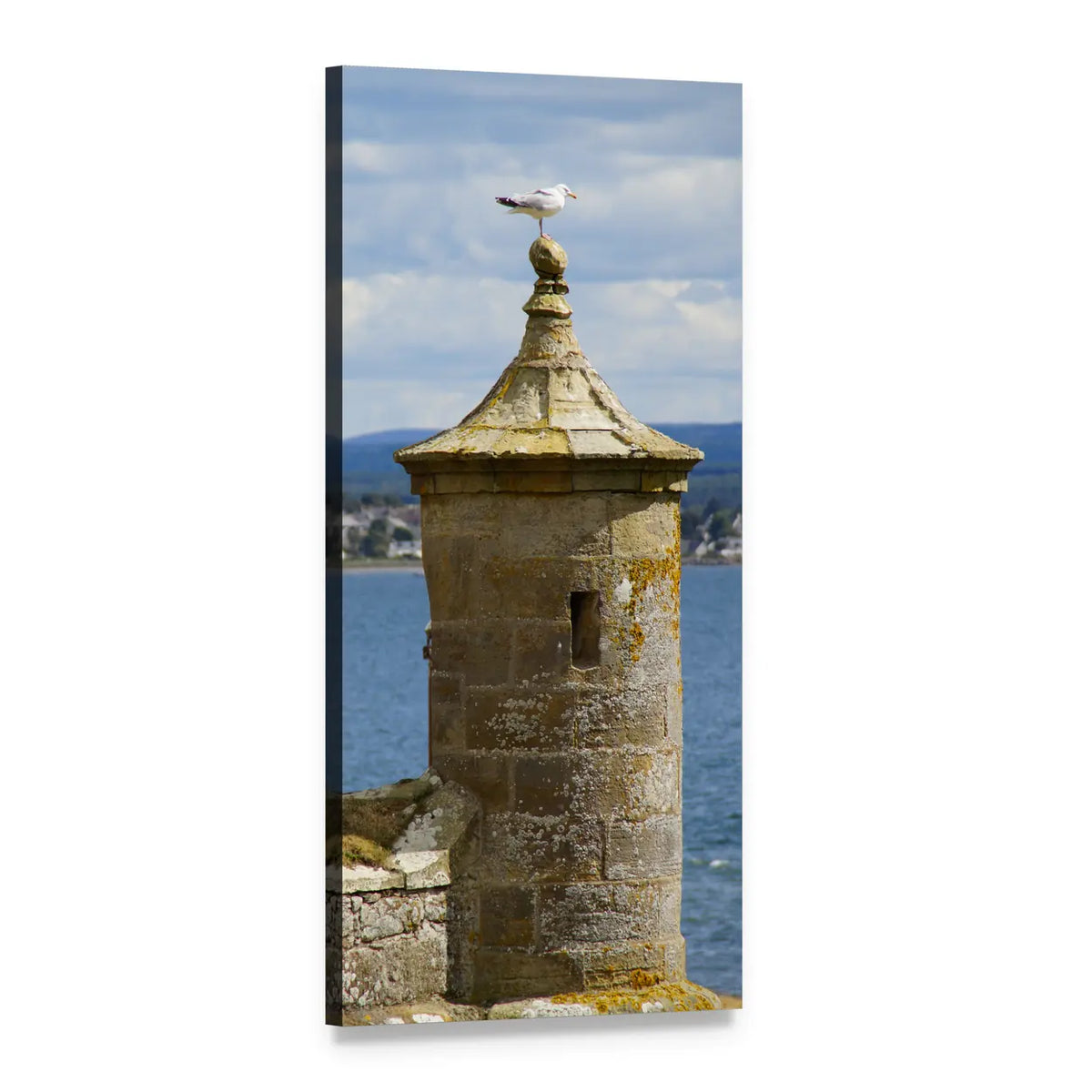 Fort George Watch Tower by the Sea Vertical Canvas Wall Art, 1 panel 1 Vertical layout gallery wrapped canvas set, angled product view
