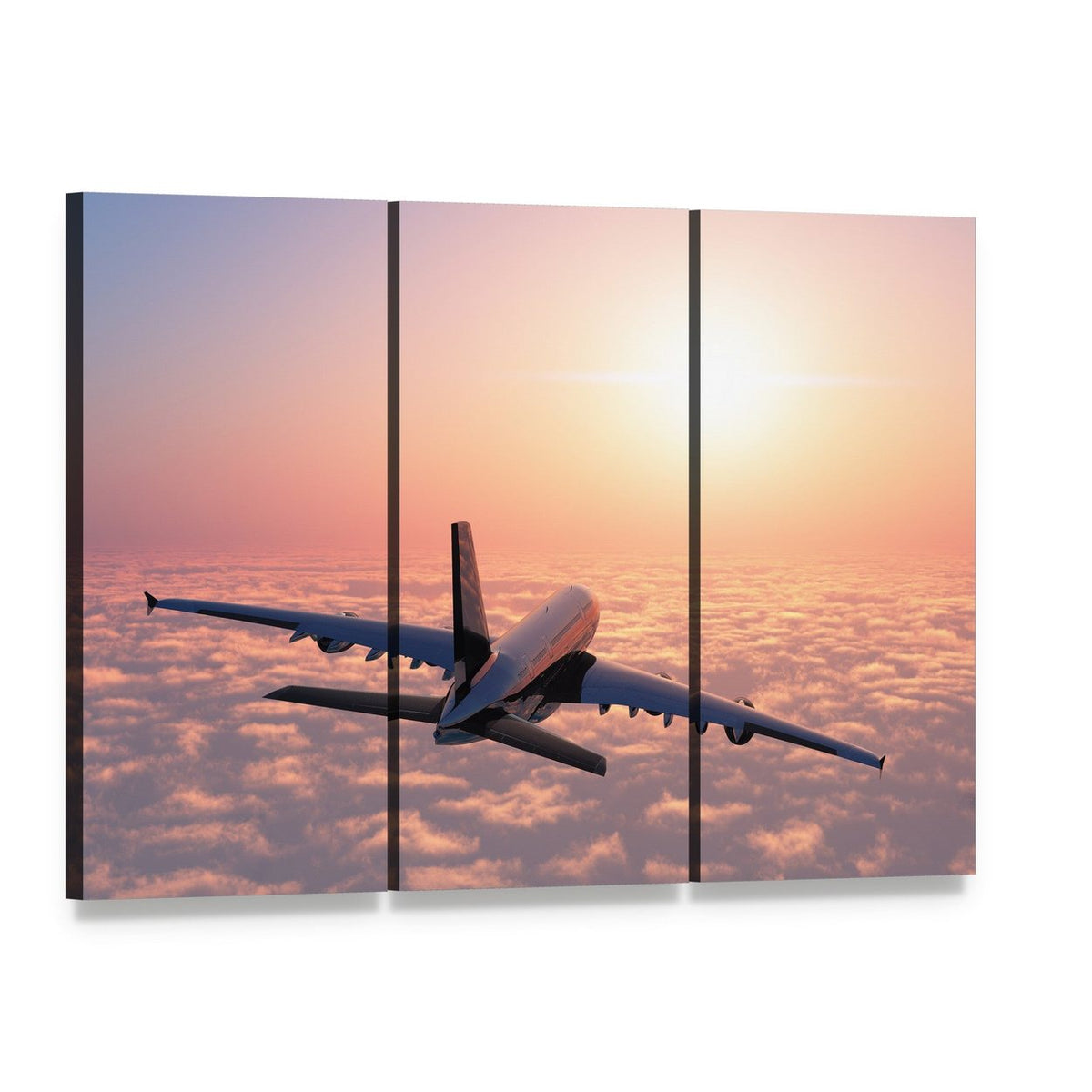 Airplane Flying Above Clouds Canvas Wall Art, 3 panel 3 Horizontal layout gallery wrapped canvas set, angled product view