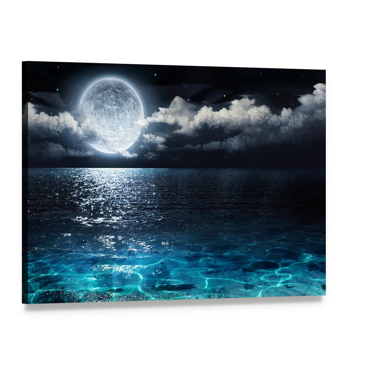 Full Moon Over Turquoise Sea Canvas Wall Art, single panel gallery wrapped canvas, angled product view