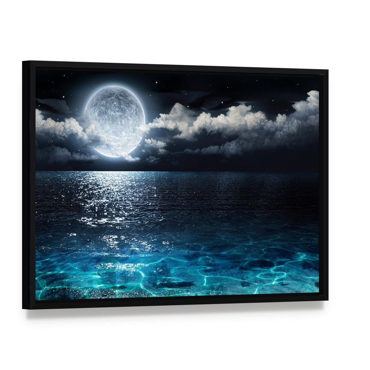 Moonlit Ocean at Night Canvas Wall Art, framed canvas in a black floater frame, angled product view