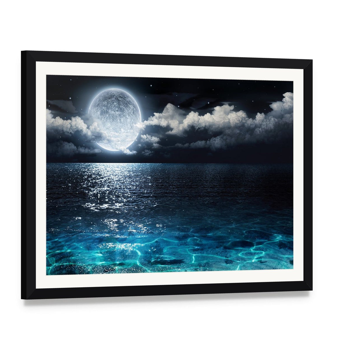 Moonlit Ocean at Night Canvas Wall Art, framed print with white mat and black frame, angled product view