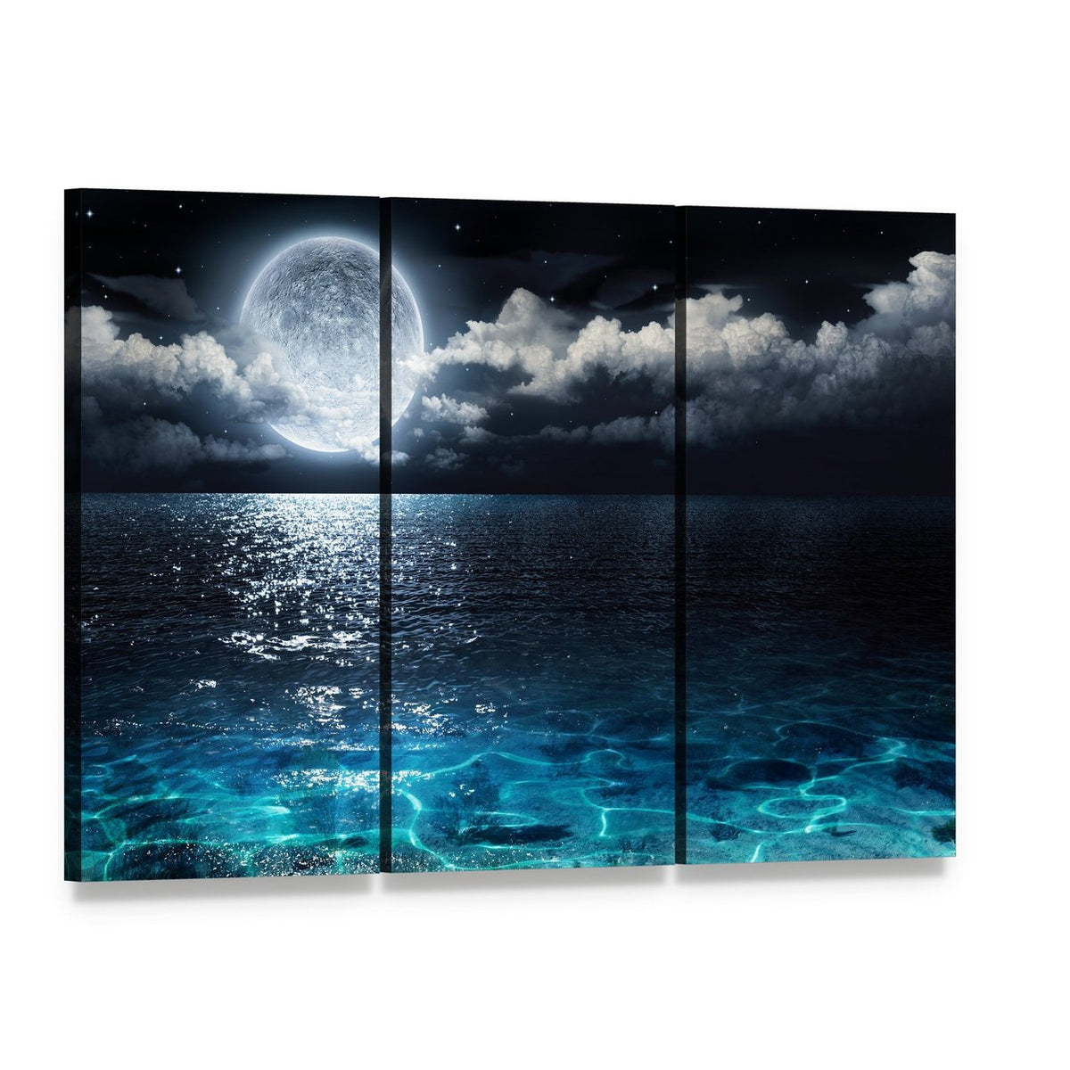 Moonlit Ocean at Night Canvas Wall Art, 3 panel 3 Horizontal layout gallery wrapped canvas set, angled product view
