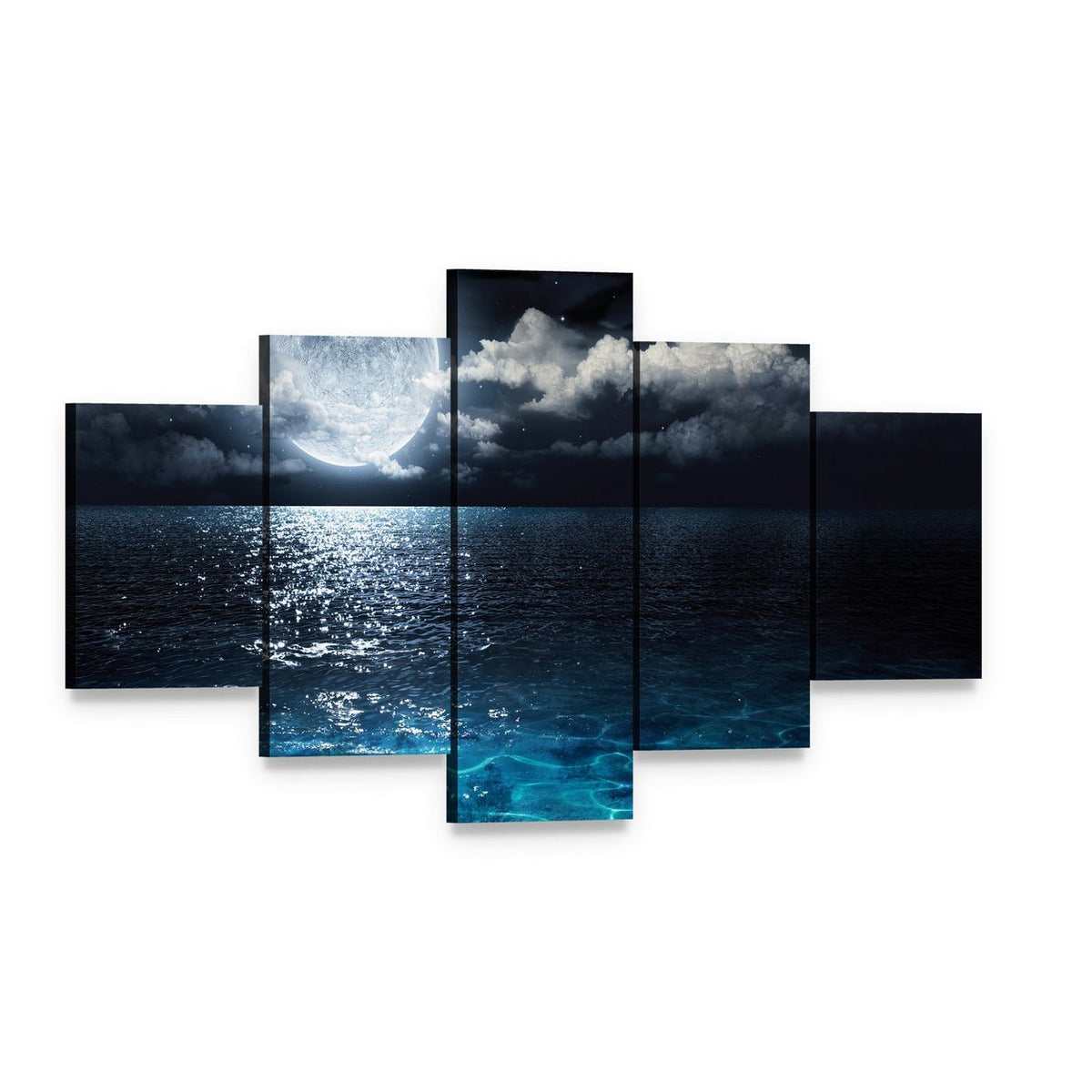 Moonlit Ocean at Night Canvas Wall Art, 5 panel 5 Star layout gallery wrapped canvas set, angled product view
