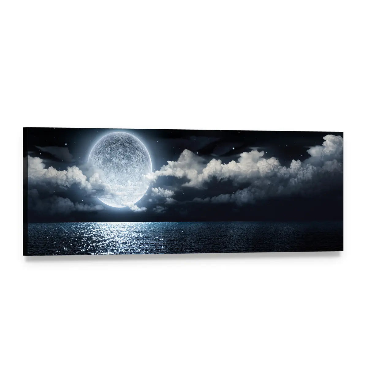 Moon Over Sea at Night Panoramic Canvas Wall Art, single panel gallery wrapped canvas, angled product view
