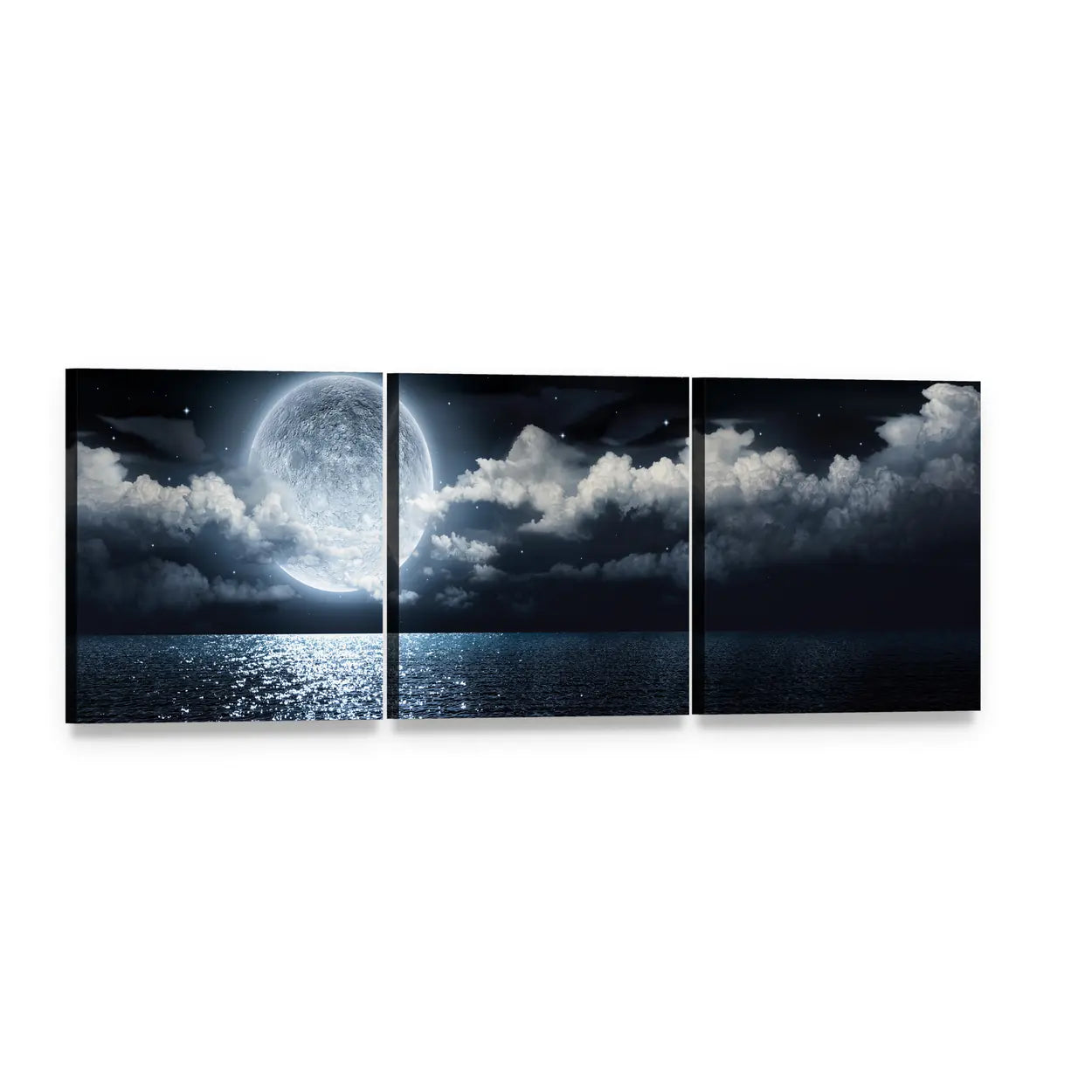 Moon Over Sea at Night Panoramic Canvas Wall Art, 3 panel 3 Piece layout gallery wrapped canvas set, angled product view