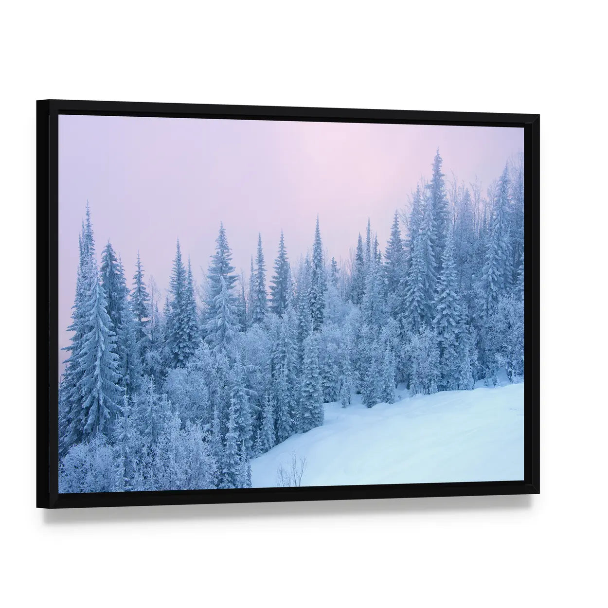 Winter Forest At The Sunset With Fog Canvas Wall Art, framed canvas in a black floater frame, angled product view