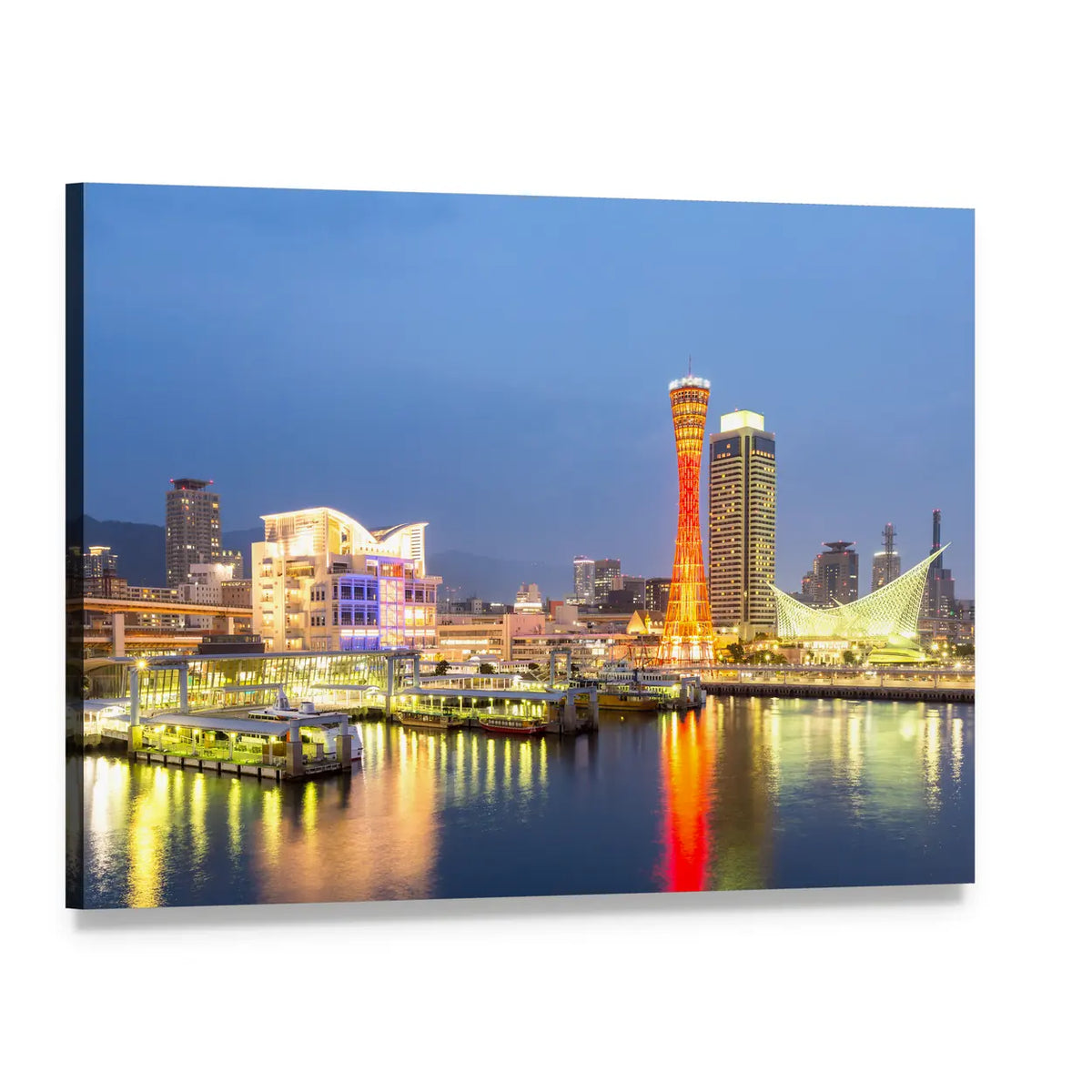 Kobe Port Tower Night Skyline Canvas Wall Art, single panel gallery wrapped canvas, angled product view