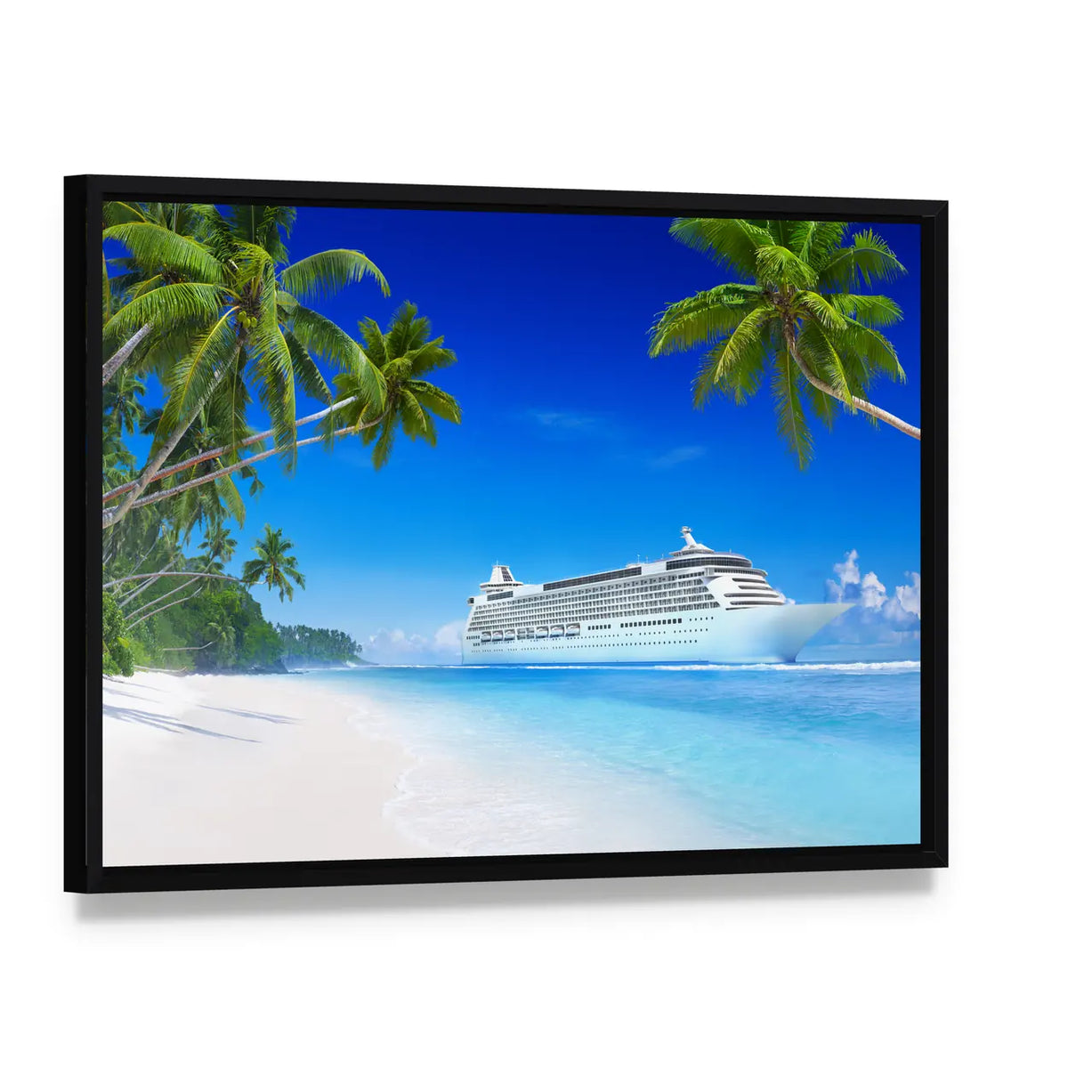 Cruise Ship in Tropical Waters Canvas Wall Art, framed canvas in a black floater frame, angled product view