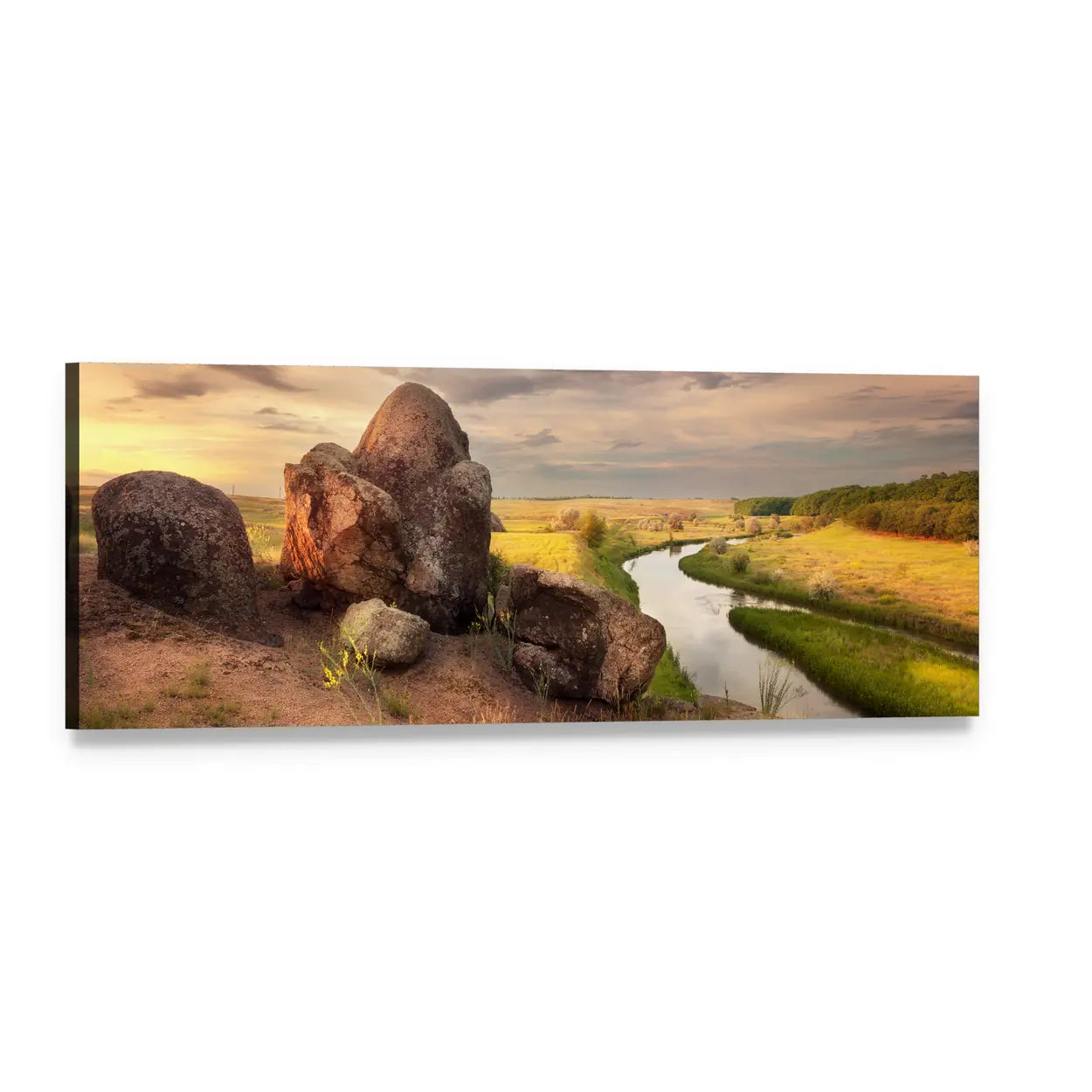 Summer Sunset Over Winding River Panoramic Canvas Wall Art, single panel gallery wrapped canvas, angled product view