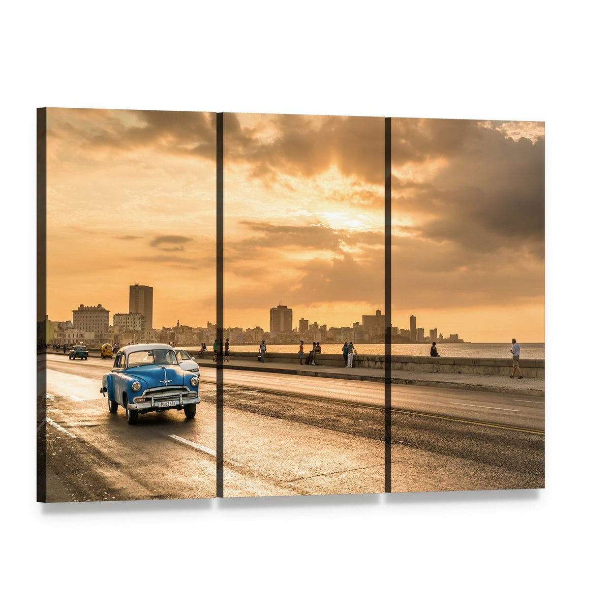 Vintage Blue Car at Sunset in Havana Canvas Wall Art, 3 panel 3 Horizontal layout gallery wrapped canvas set, angled product view