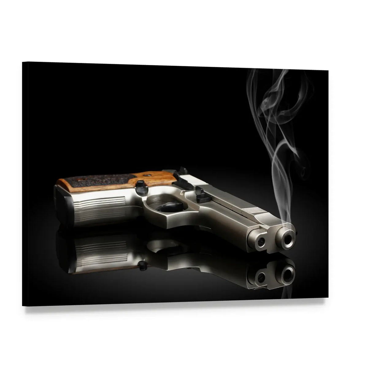 Chromed Handgun with Wispy Smoke Canvas Wall Art, single panel gallery wrapped canvas, angled product view