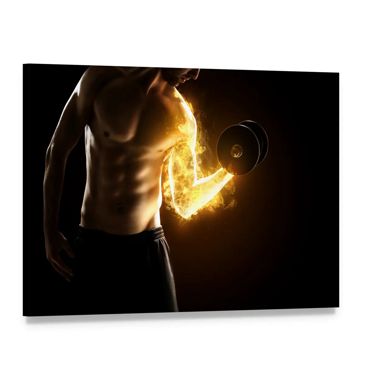 Burning Muscles with Flaming Arm Canvas Wall Art, single panel gallery wrapped canvas, angled product view