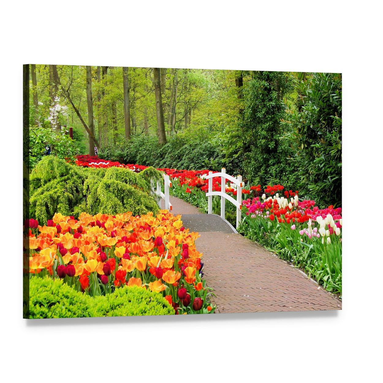 Walkway Through Spring Flowers at Keukenhof Gardens Canvas Wall Art, single panel gallery wrapped canvas, angled product view