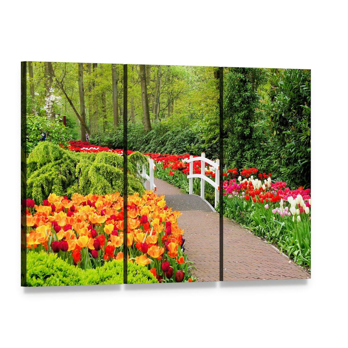 Walkway Through Spring Flowers at Keukenhof Gardens Canvas Wall Art, 3 panel 3 Horizontal layout gallery wrapped canvas set, angled product view