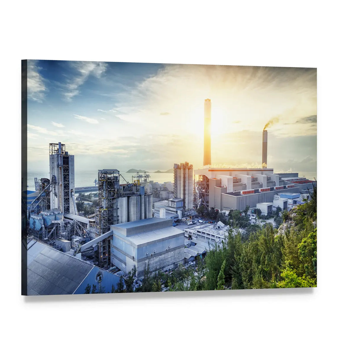 Glowing Petrochemical Plant at Sunset Canvas Wall Art, single panel gallery wrapped canvas, angled product view