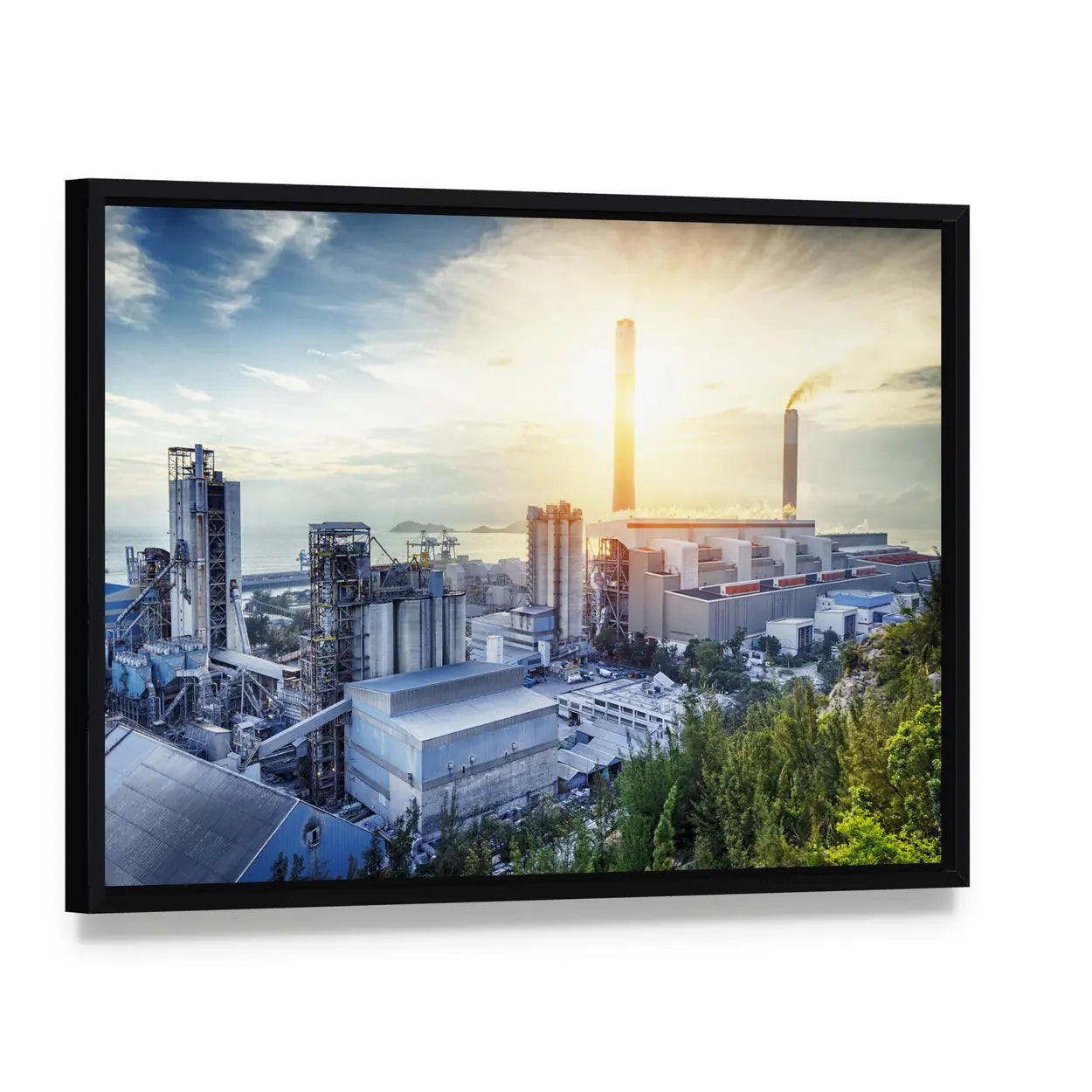 Glowing Petrochemical Plant at Sunset Canvas Wall Art, framed canvas in a black floater frame, angled product view