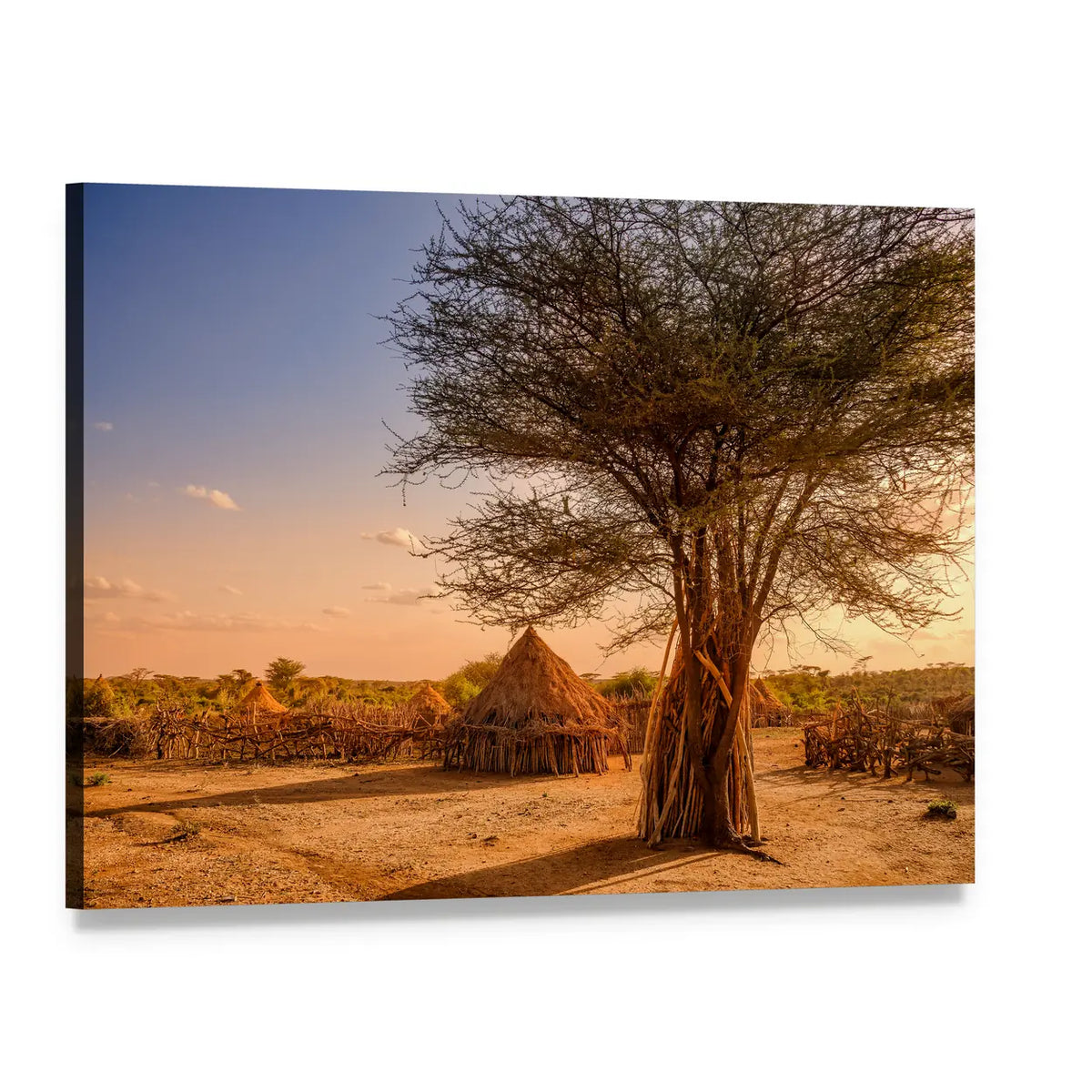 Thatched Huts and Acacia at Sunset Canvas Wall Art, single panel gallery wrapped canvas, angled product view